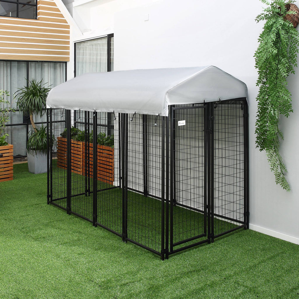 Outdoor Dog Kennel with Roof, 8' x 4' x 6' Heavy Duty Welded Wire Dog Playpen Enclosure with Escape-proof Lock, UV-Resistant & Waterproof Cover, for Large Dogs, Silver