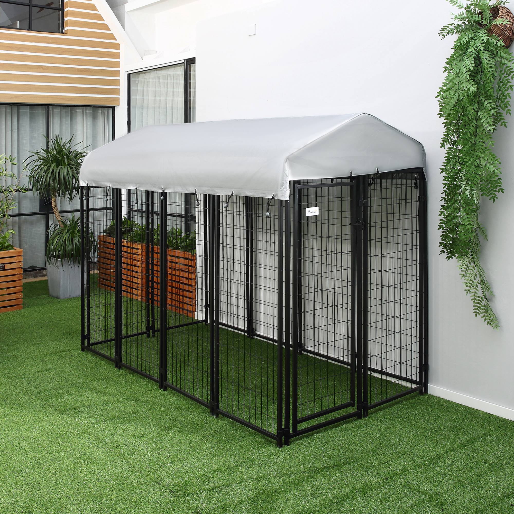 Outdoor Dog Kennel with Roof, 8' x 4' x 6' Heavy Duty Welded Wire Dog Playpen Enclosure with Escape-proof Lock, UV-Resistant & Waterproof Cover, for Large Dogs, Silver