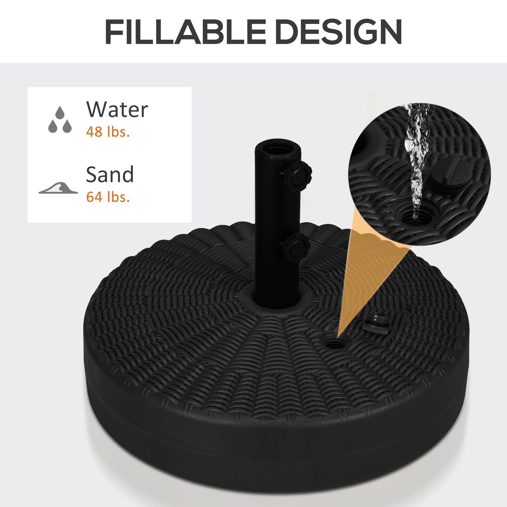 Umbrella Stand for 1.5" or 2" Umbrella Poles, Round Fillable Umbrella Base for Outdoor, Lawn, Deck, Black