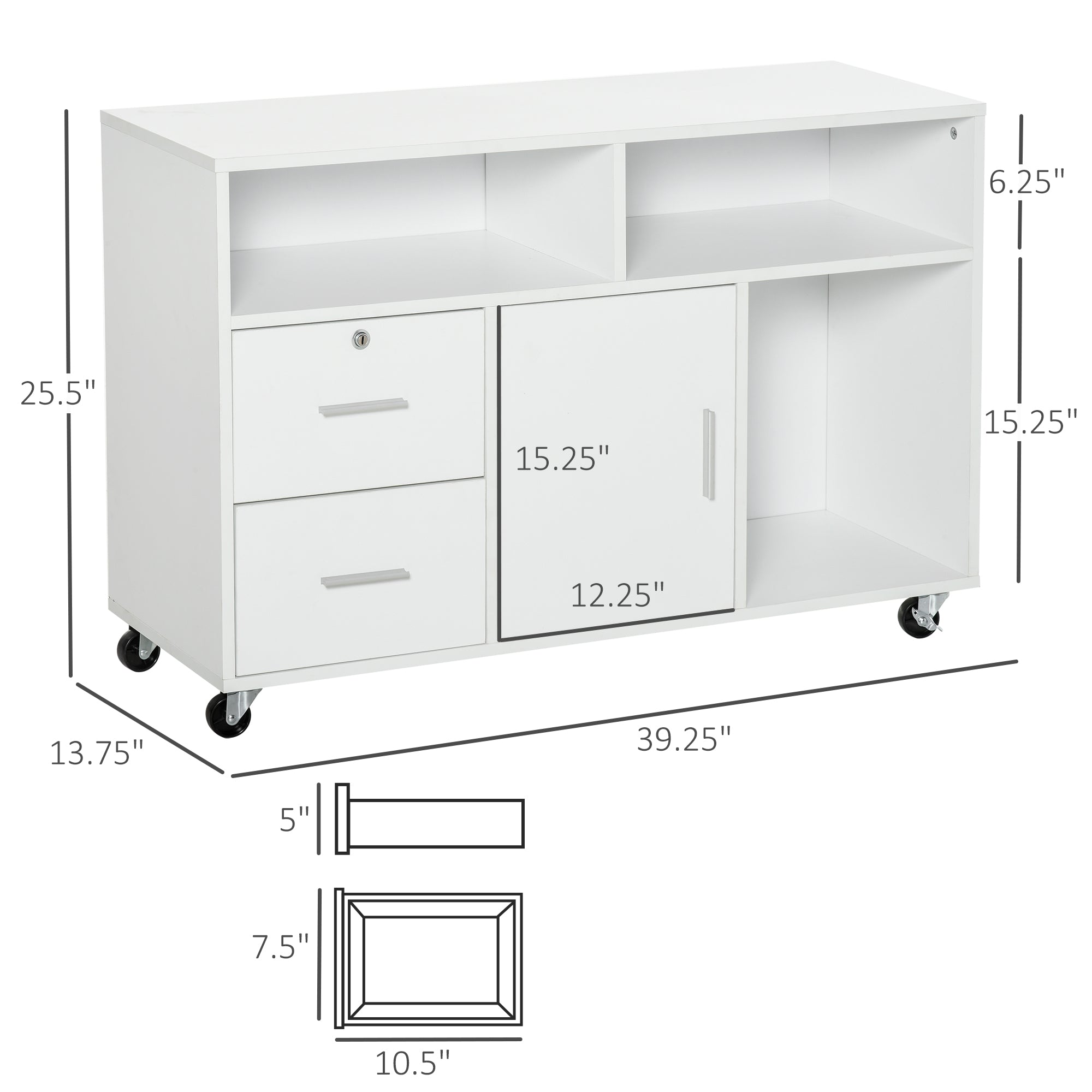 Printer Stand Home Office Mobile Storage Cabinet Organizer Desktop with Caster Wheels, 2 Locking Breaks and Drawer, White