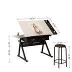 Adjustable Drafting Table Desk with Tilt Top, 2 Large Fabric Drawers, Drawing Desk with Side Pen Storage, 38.5" L x 23.5" W x 27" - 36" H, White