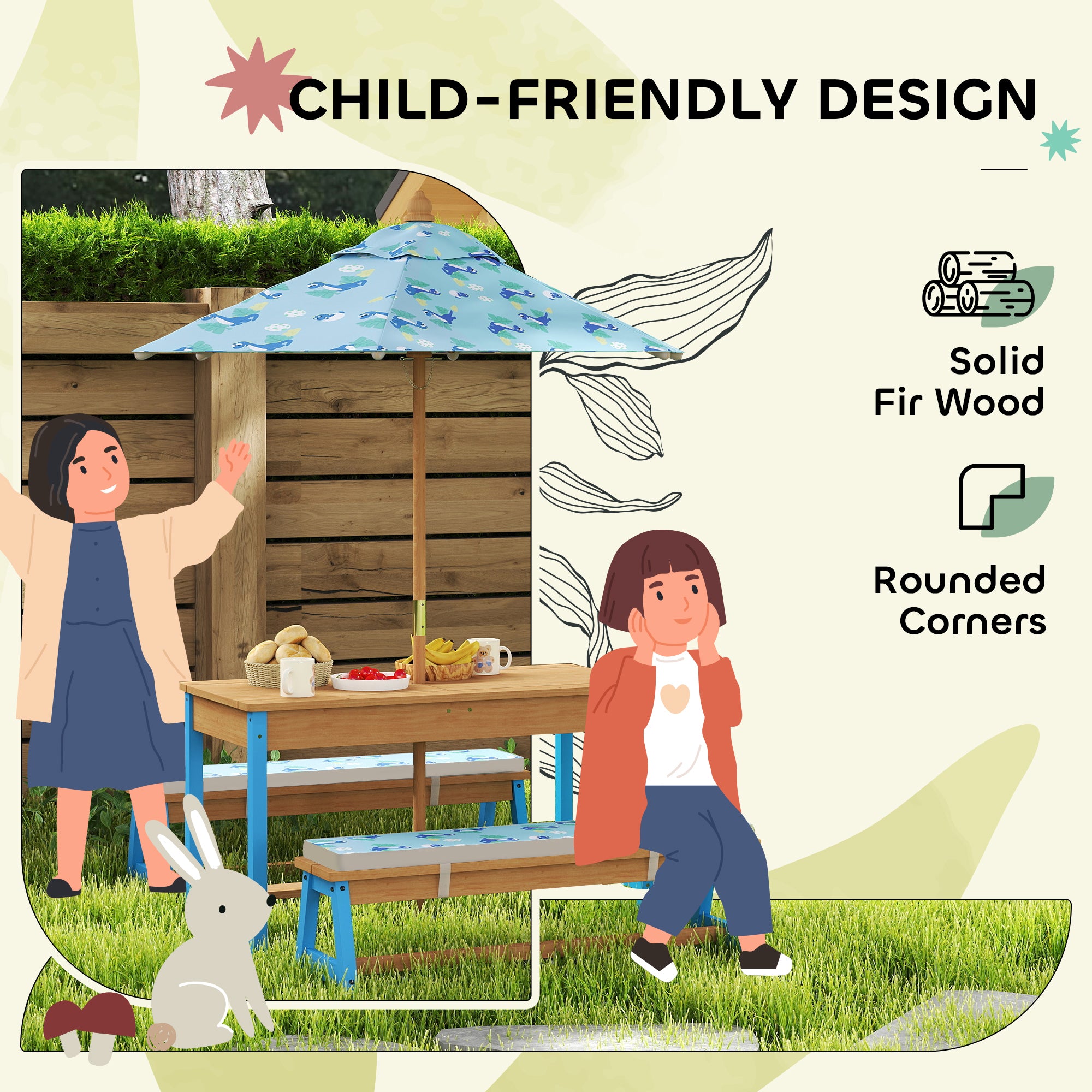 Kids Picnic Table Set with Foldable Umbrella, Removable Cushions & Boxes, Dinosaur Theme, Blue