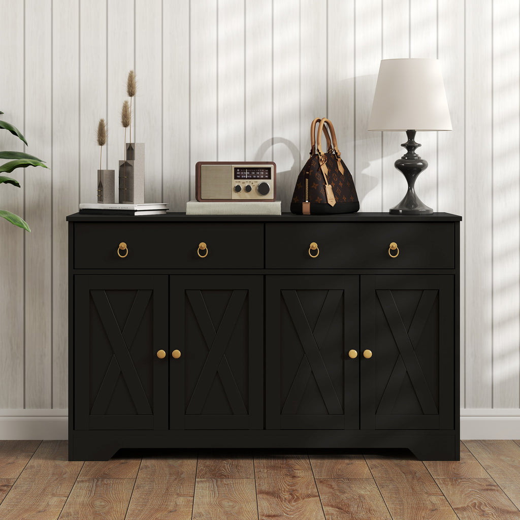 Kitchen Storage Sideboard, Farmhouse Buffet Cabinet with Barn Style Doors, Drawers, Adjustable Shelves, Black
