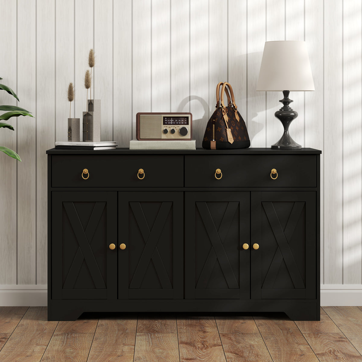Kitchen Storage Sideboard, Farmhouse Buffet Cabinet with Barn Style Doors, Drawers, Adjustable Shelves, Black