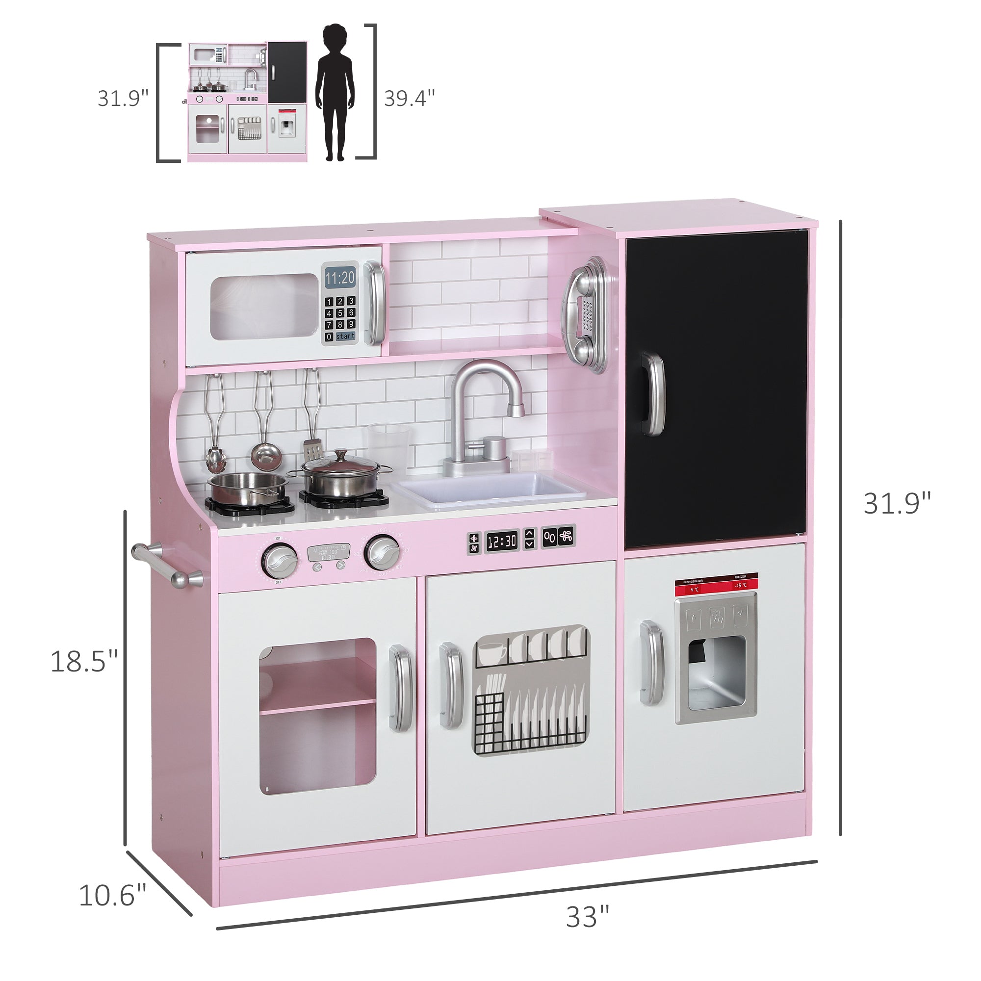 Pretend Play Kitchen, Kids Kitchen Playset with Play Phone, Chalkboard, Towel Rack & Ice Maker for 3-8 Years Pink