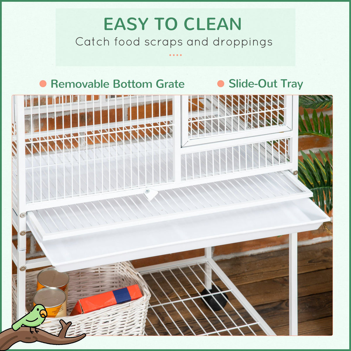 55" Large Parrot Cage with Toy Hooks Above Top Bird Perch, Tray, Food Cups, Rolling Stand, Bird Cage for Cockatiels, Parakeets, Lovebirds