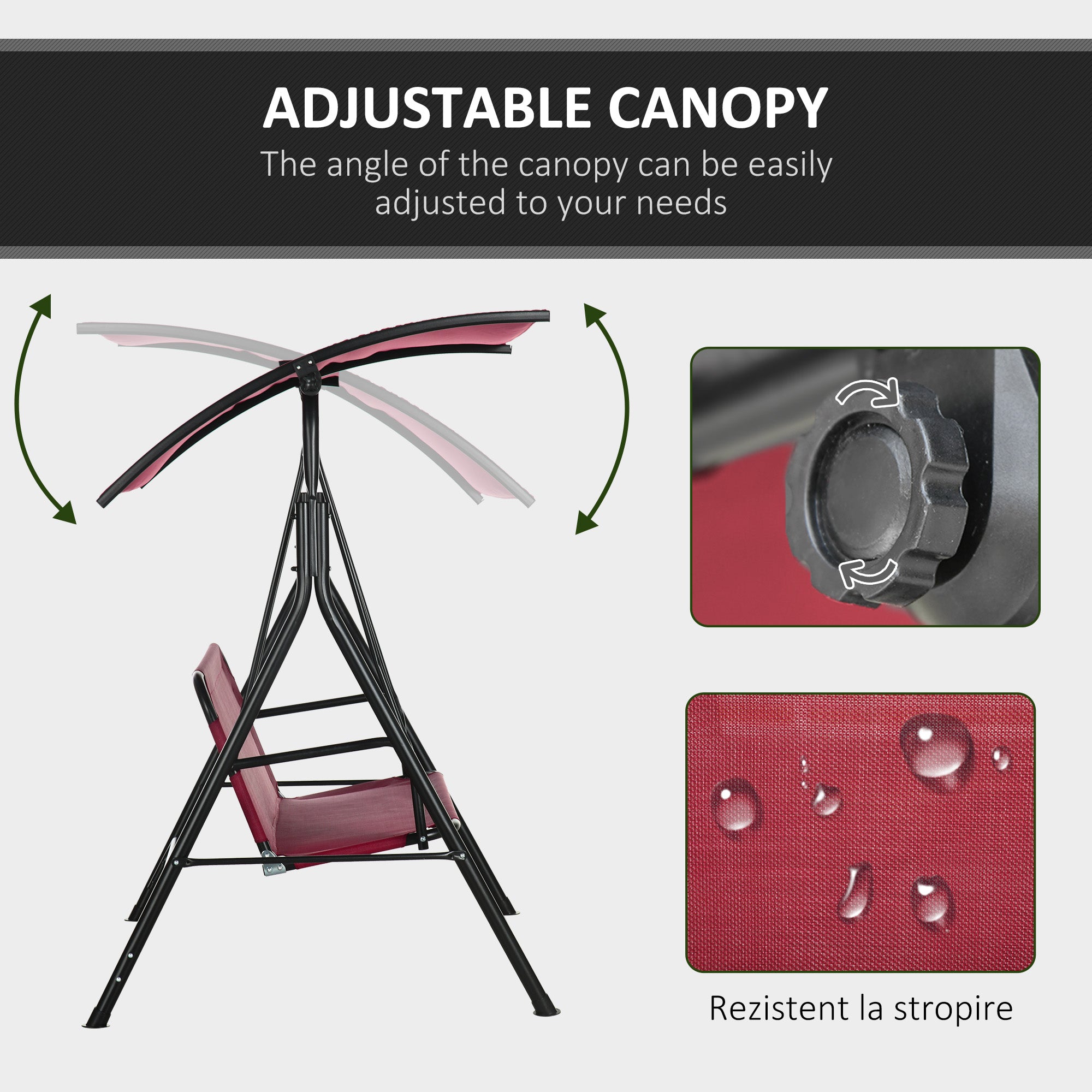 3-Person Porch Swing with Stand, Outdoor Swing for Patio Porch with Adjustable Tilt Canopy and Comfortable Swing Bench-Style Seat, Steel Frame, Wine Red