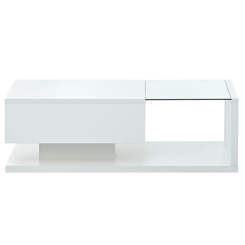 Modern Coffee Table with Tempered Glass, Wooden Cocktail Table with High-Gloss UV Surface, 2-Tier Rectangle Center Table for Living Room, White