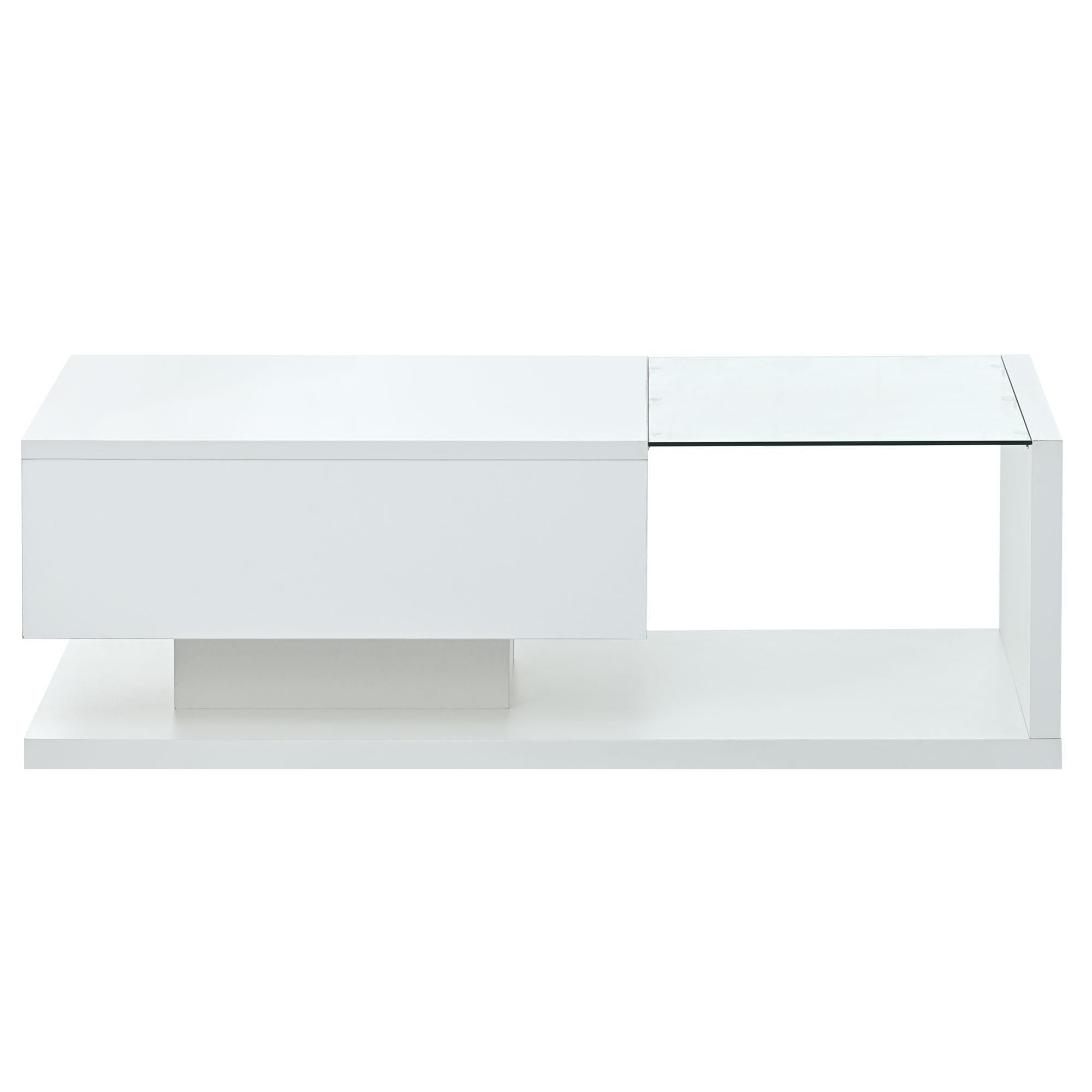 Modern Coffee Table with Tempered Glass, Wooden Cocktail Table with High-Gloss UV Surface, 2-Tier Rectangle Center Table for Living Room, White