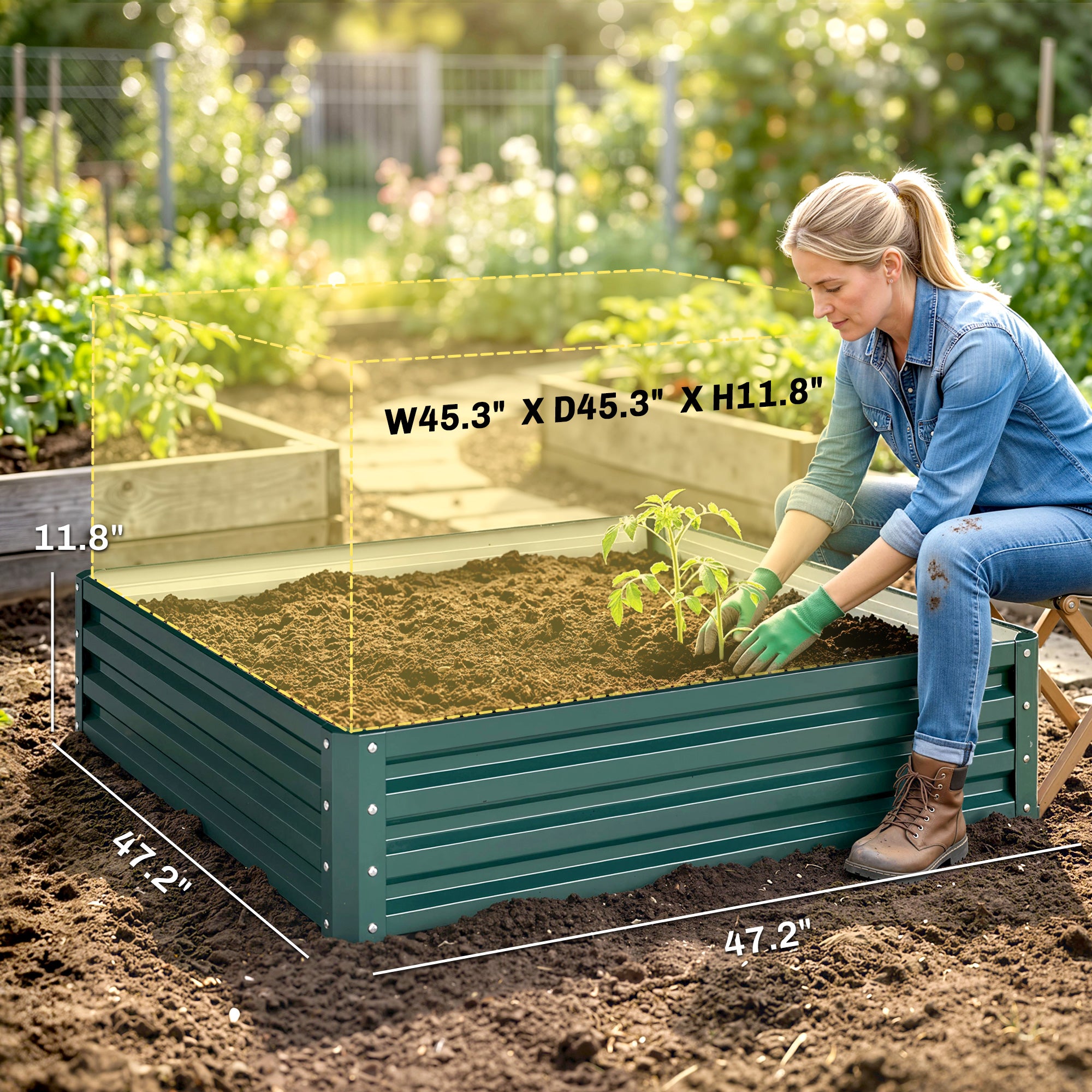 Galvanized Raised Garden Bed, 4' x 4' x 1' Metal Planter Box, for Growing Vegetables, Flowers, Herbs, Succulents, Green