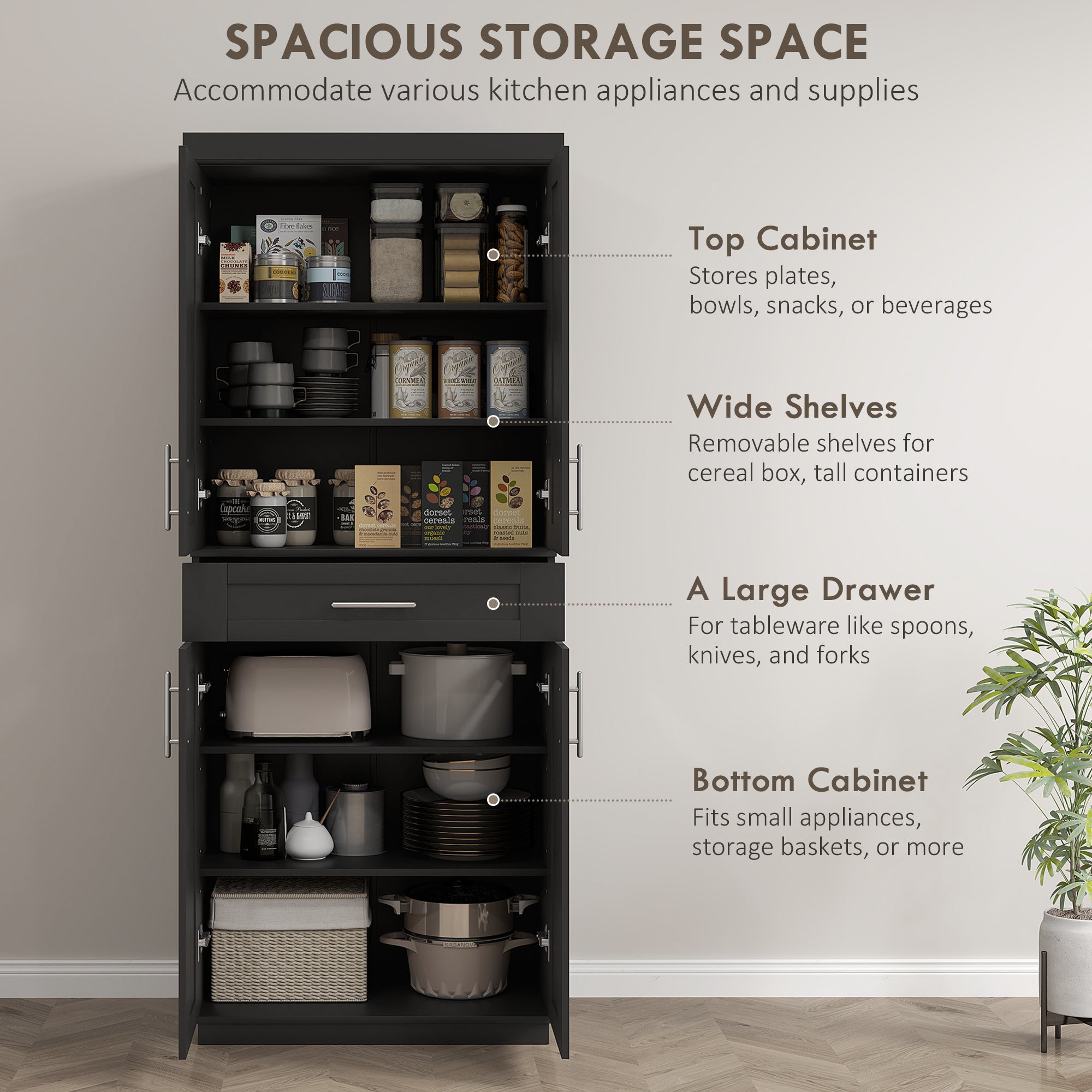 Modern Kitchen Pantry Freestanding Cabinet Cupboard with Doors and Drawer, Adjustable Shelving, Black
