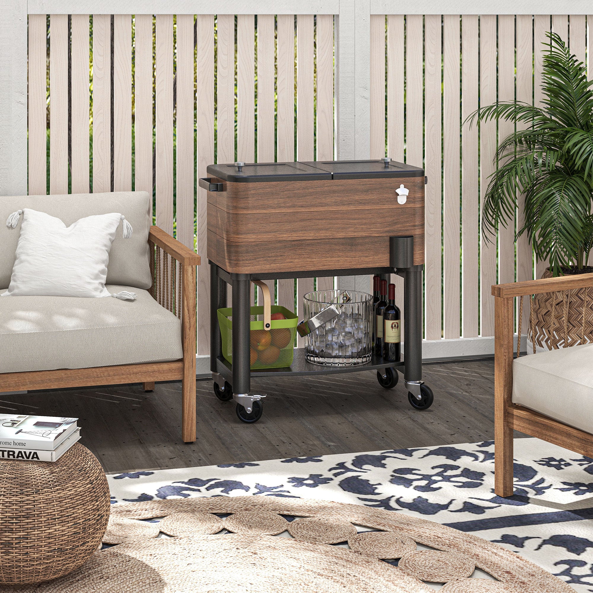 60 Quart Outdoor Cooler Cart, Rolling Ice Chest with Bottom Shelf and Bottle Opener for Backyard, Deck, Poolside Party