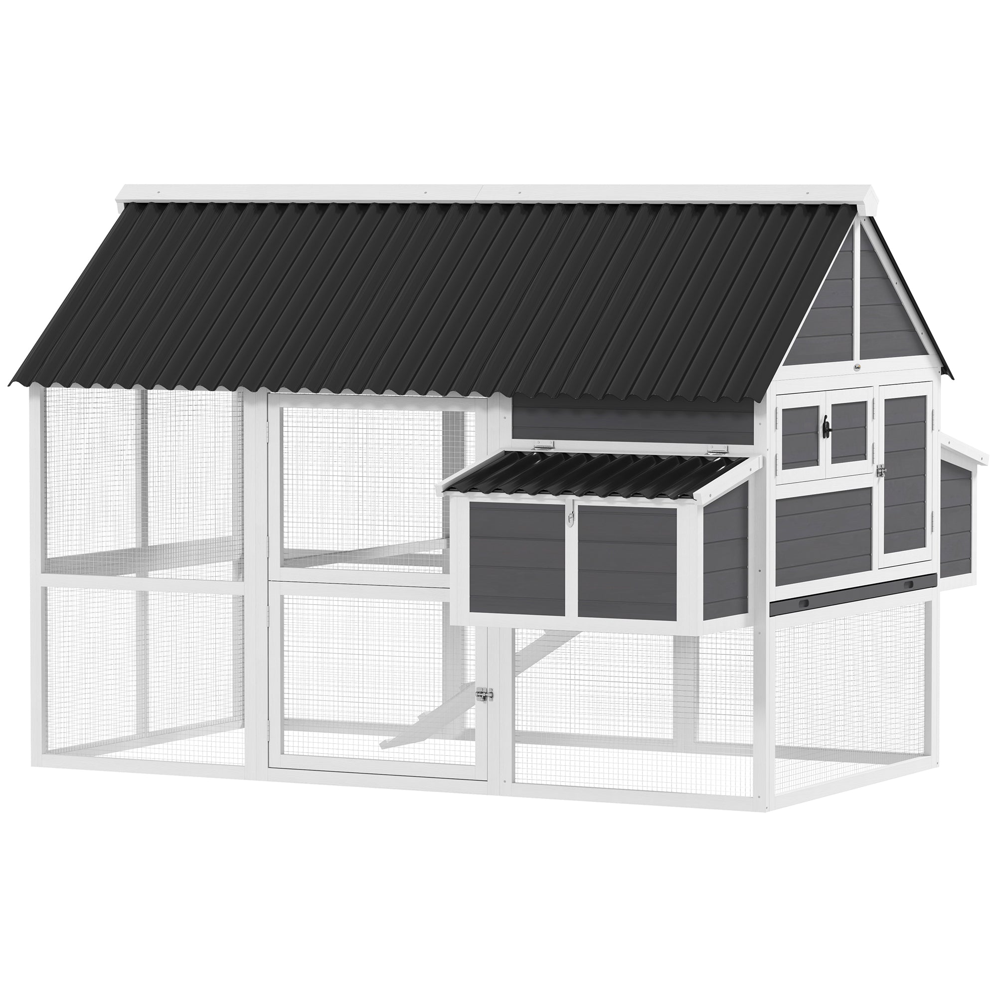 Wooden Chicken Coop with Run, 2 Nesting Boxes, 2 Roosting Bars, Ramp & Tray, Poultry Cage for 4-6 Chickens, Gray