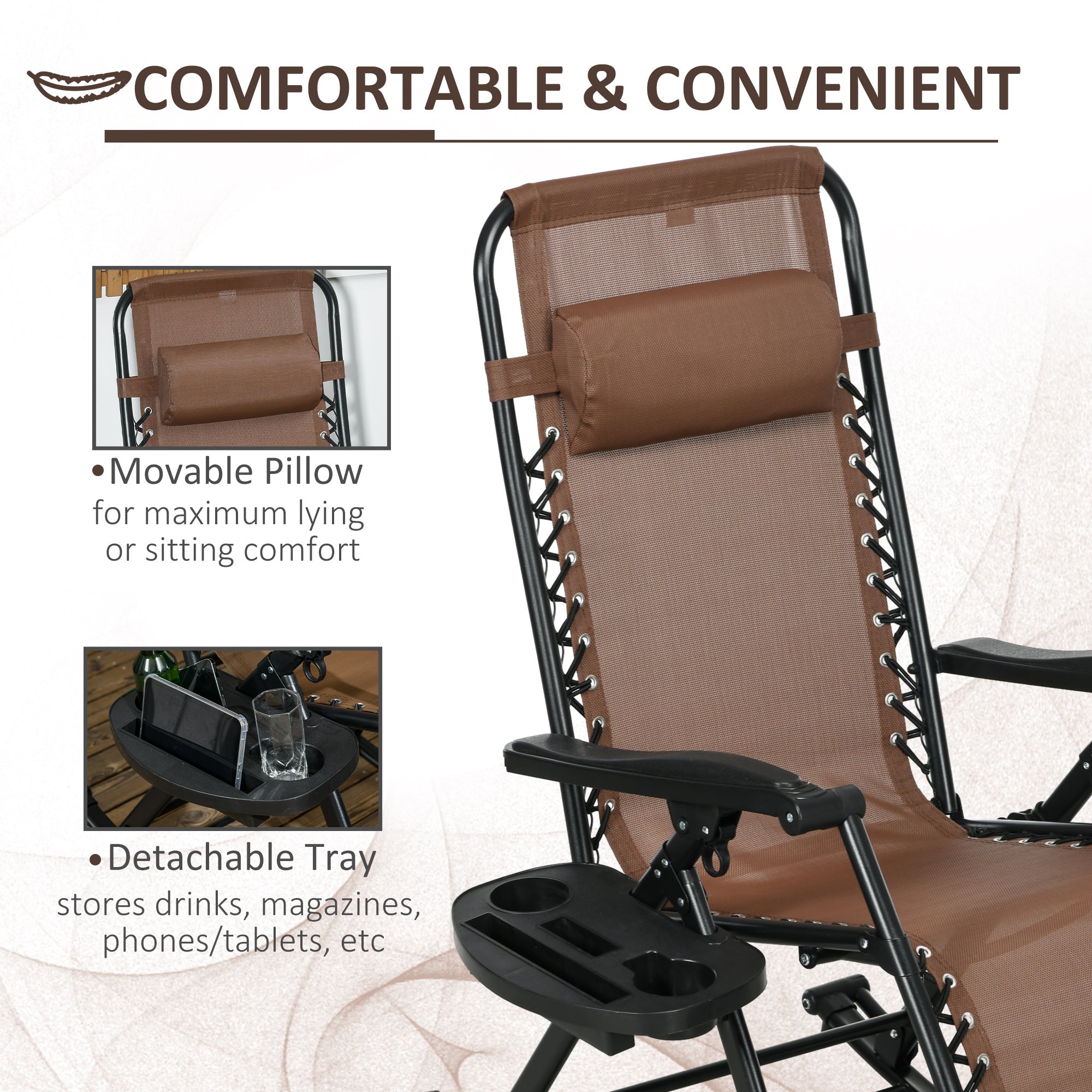 2 Outdoor Rocking Chairs Foldable Reclining Zero Gravity Lounge Rockers w/ Pillow Cup & Phone Holder, Brown