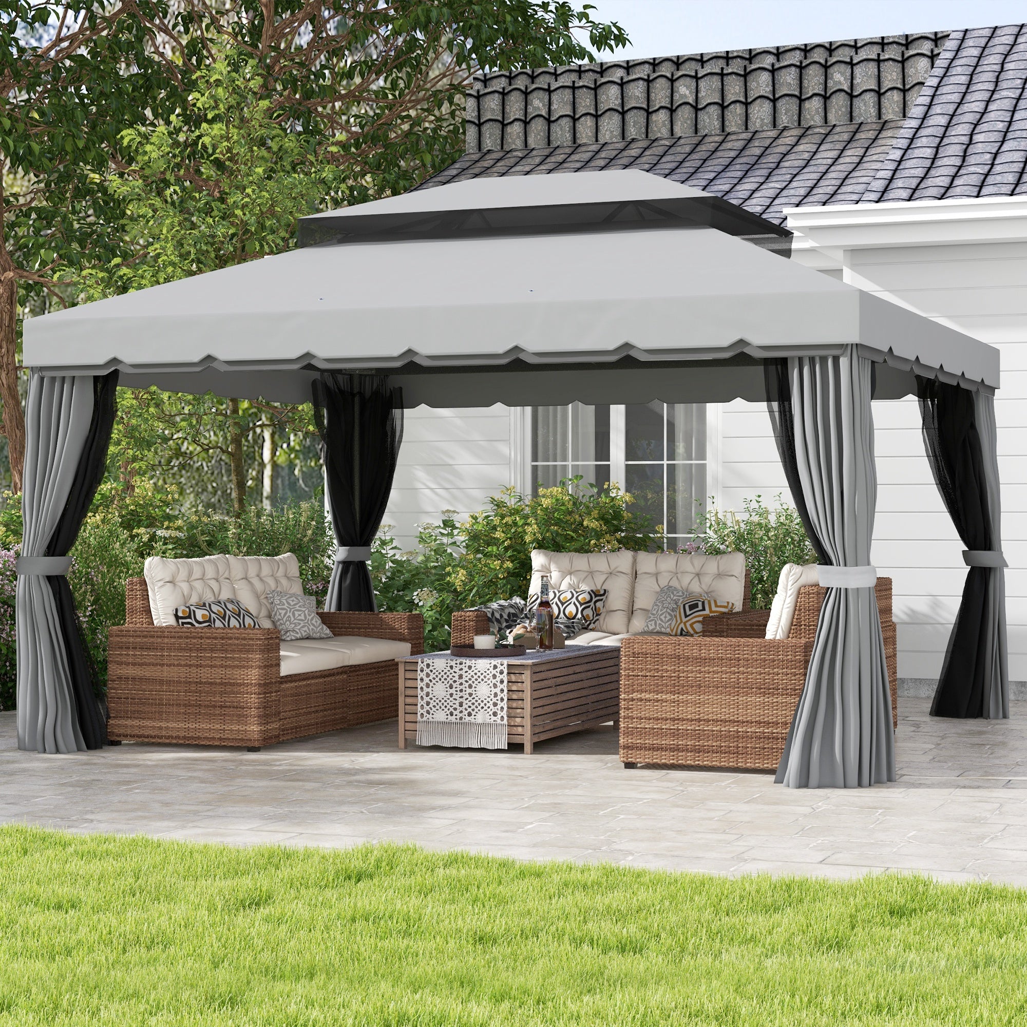 10' x 13' Patio Gazebo w/ Aluminum Frame Double Roof, Outdoor Gazebo Canopy Shelter with Netting & Curtains, Gray