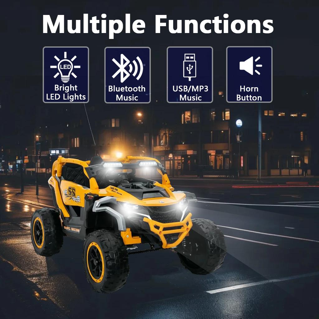 12V 2-Seater Kids Electric UTV Ride-On with Remote Control, Electric Go-Kart with Music & Flashlights, 45.5" L x 28.5" W x 24.5" H, Yellow+Black
