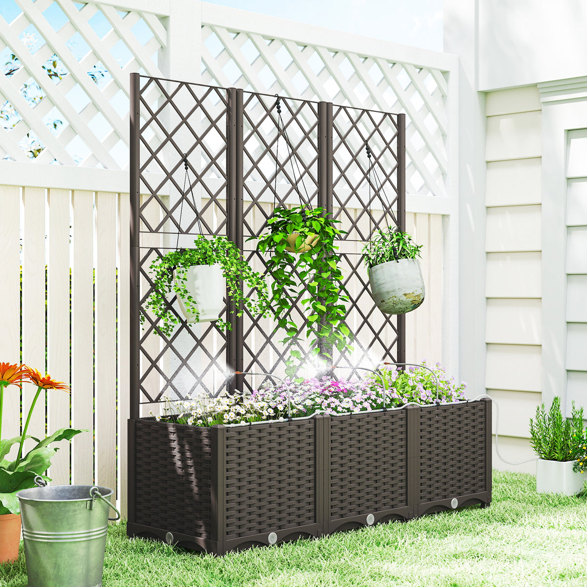 3PCS Plastic Planter Box with Trellis, Self-Watering Raised Garden Bed with Trellis and Automatic Watering Timer Kit