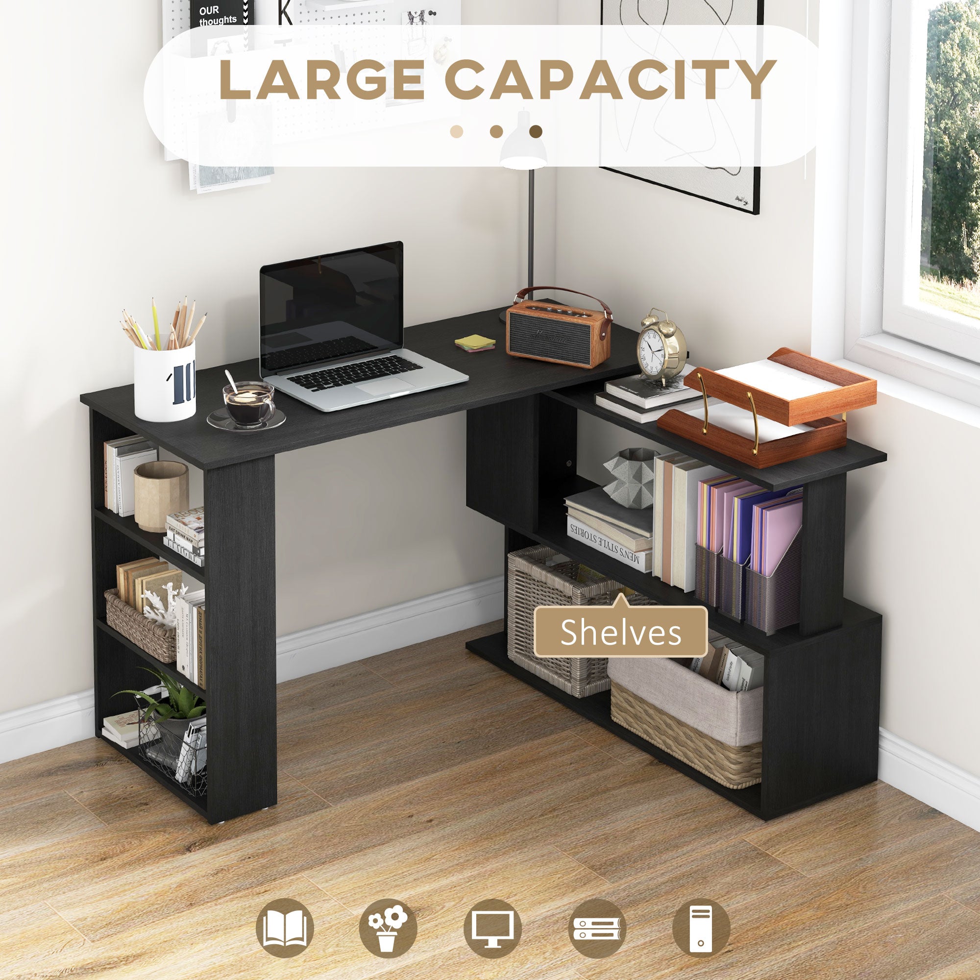 L Shaped Desk, Corner Computer Desk, 360 Degree Rotating Home Office Desk with Storage Shelves, Writing Table Workstation, Black