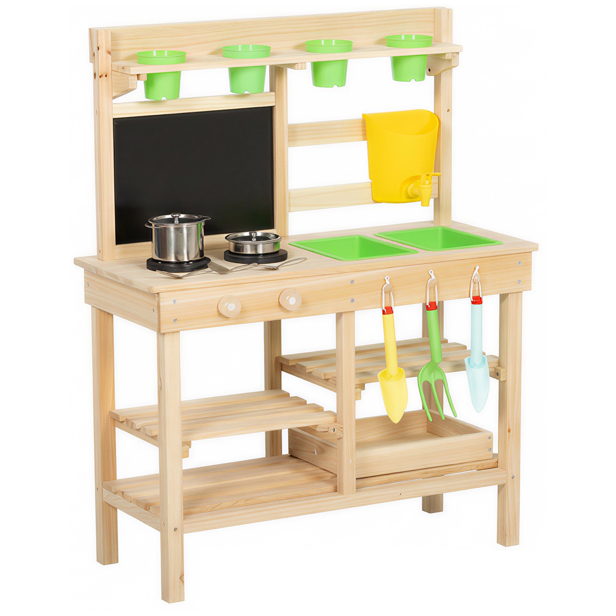 Kids Mud Kitchen, Outdoor Wooden Play Kitchen with Kitchenware & Garden Tools, Pretend Play Outdoor Toys, Natural