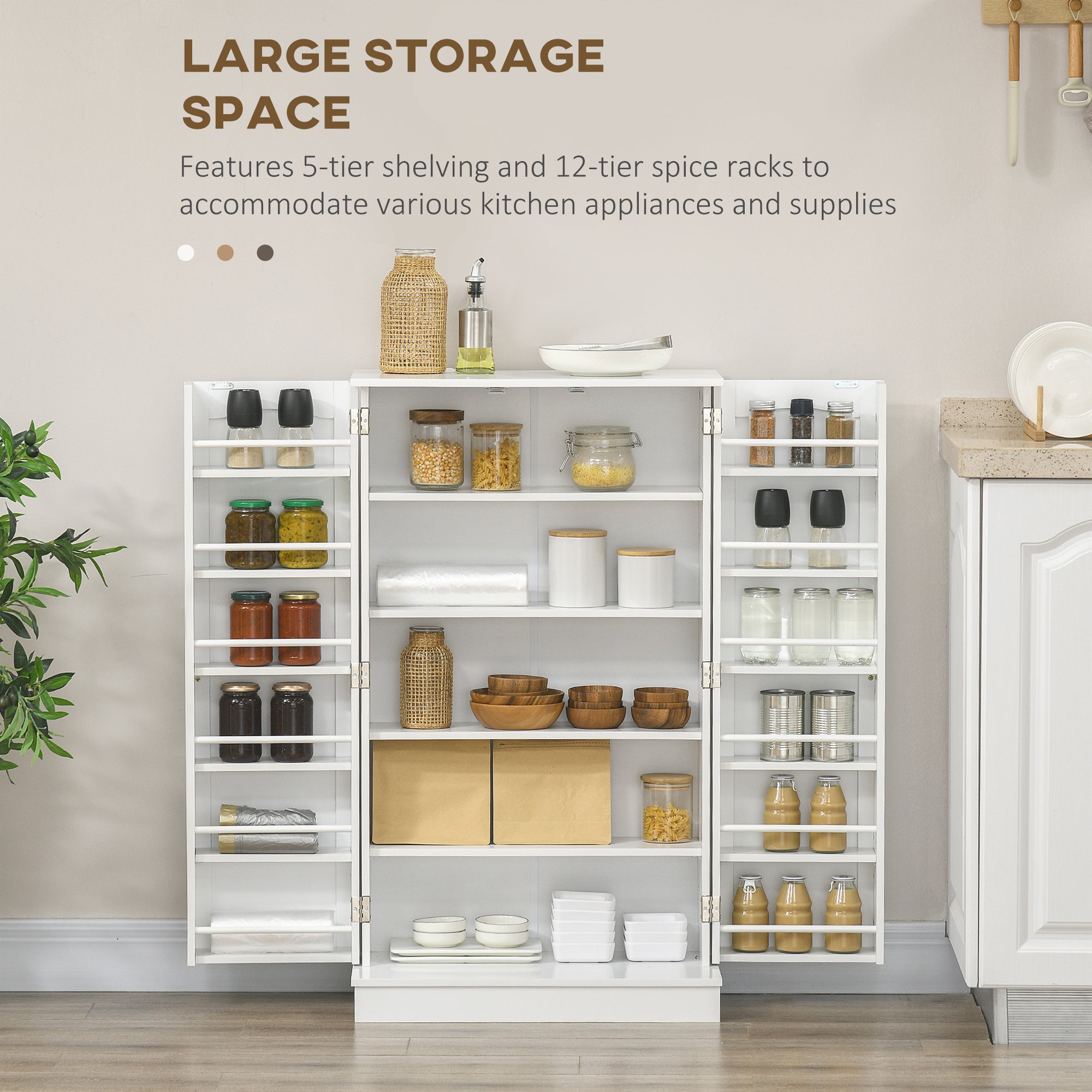 Freestanding Kitchen Pantry Cabinet, Kitchen Sideboard Cabinet with 12 Door Shelves, Double Doors, 5-tier Shelving, Paper White