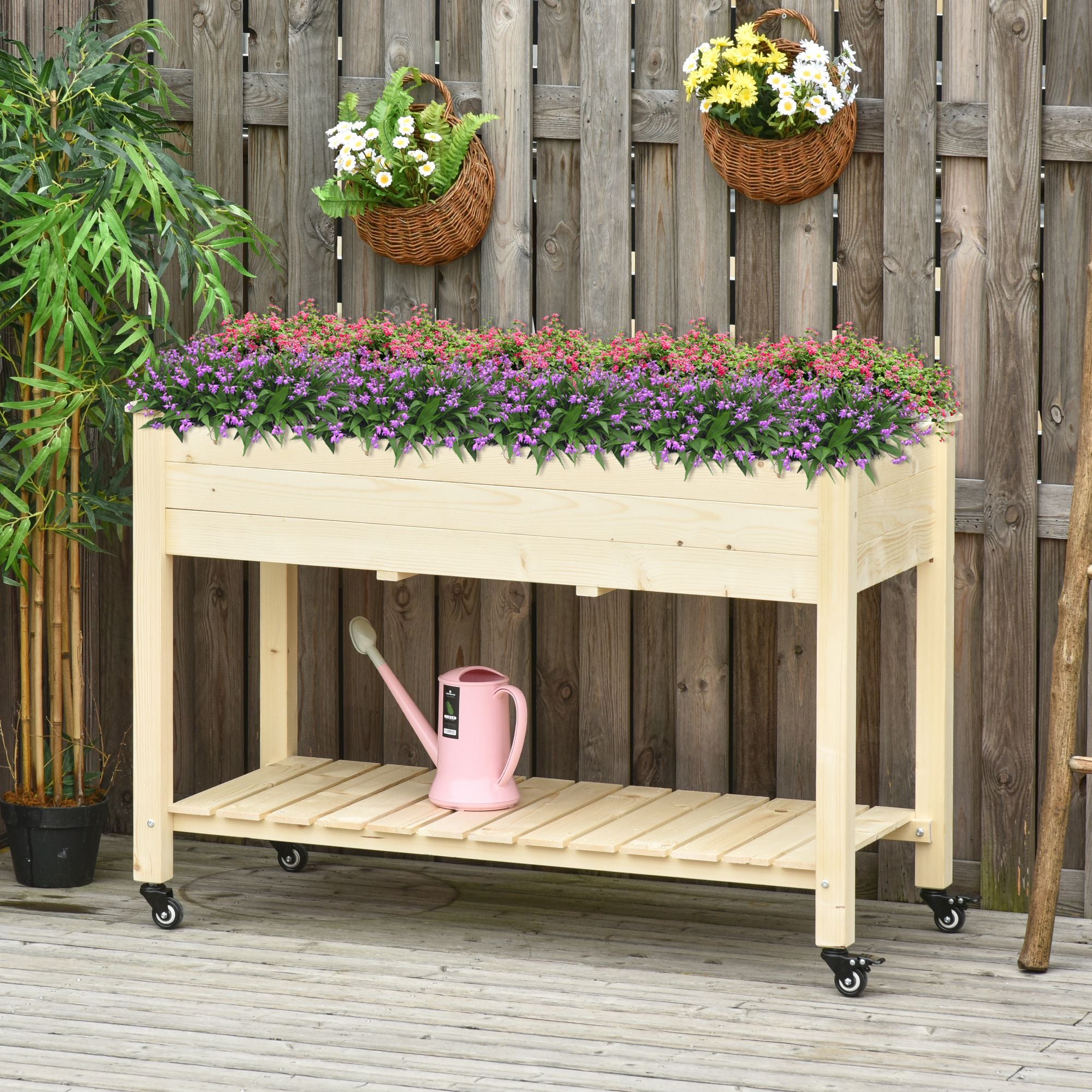 Raised Garden Bed, 47" x 22" x 33", Elevated Wooden Planter Box w/ Lockable Wheels, Storage Shelf, and Bed Liner for Backyard, Patio, Natural
