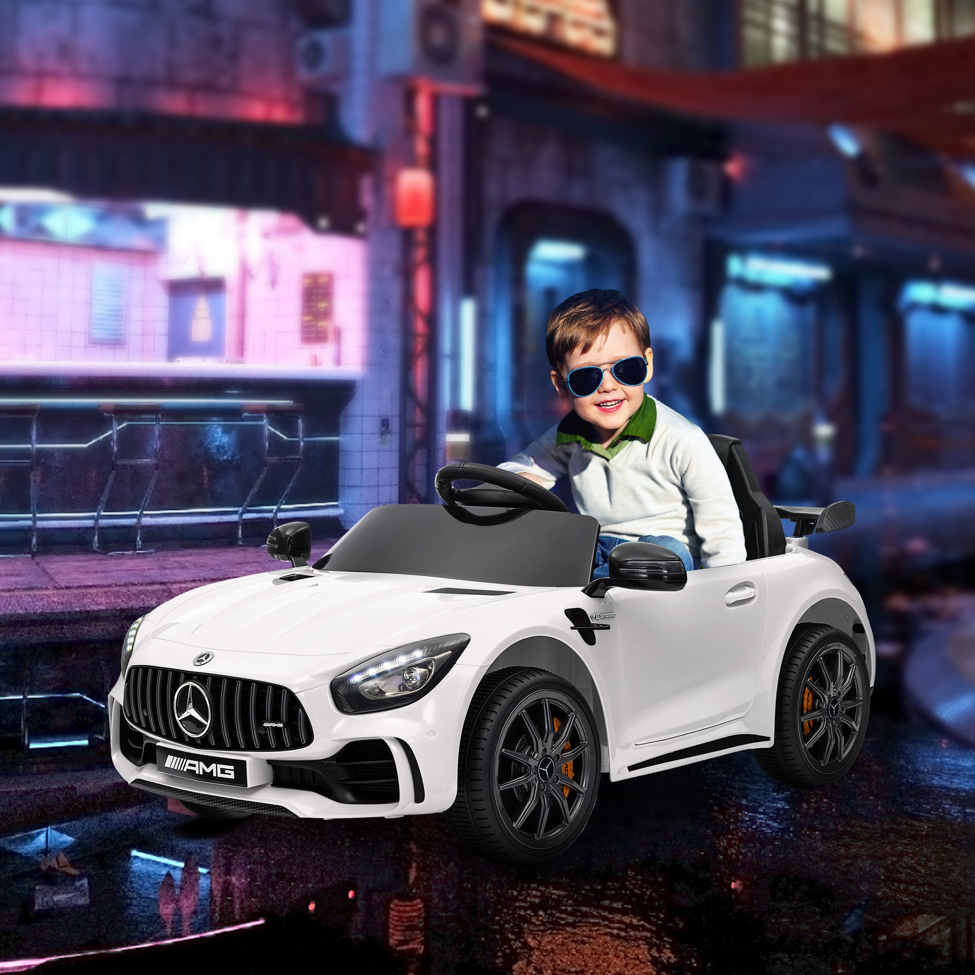 AMG GTR Licensed 12V Battery Powered Kids Electric Car w/ Remote Control & Soft Start, White