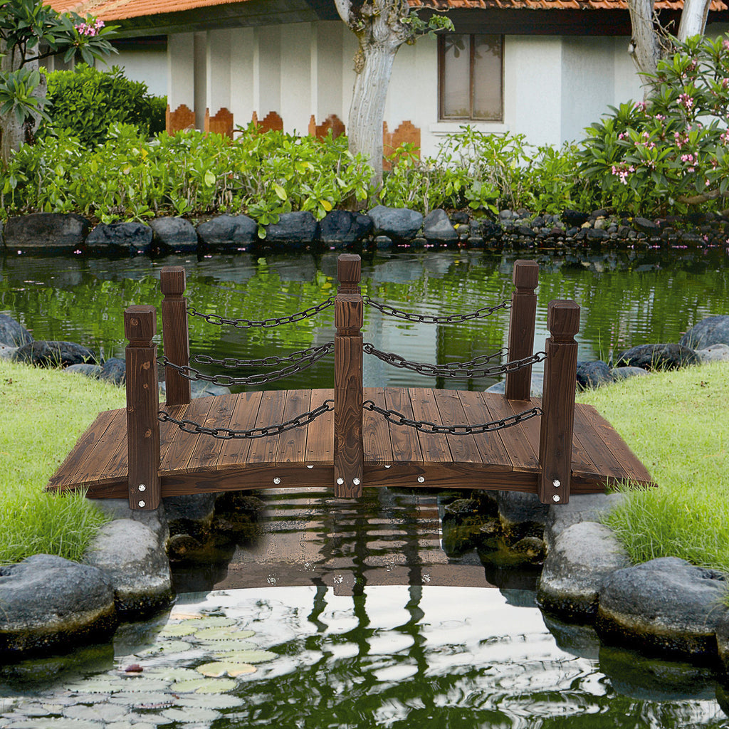 5 ft Wooden Garden Bridge Arc Footbridge with Metal Chain Railings & Solid Fir Construction, Carbonized