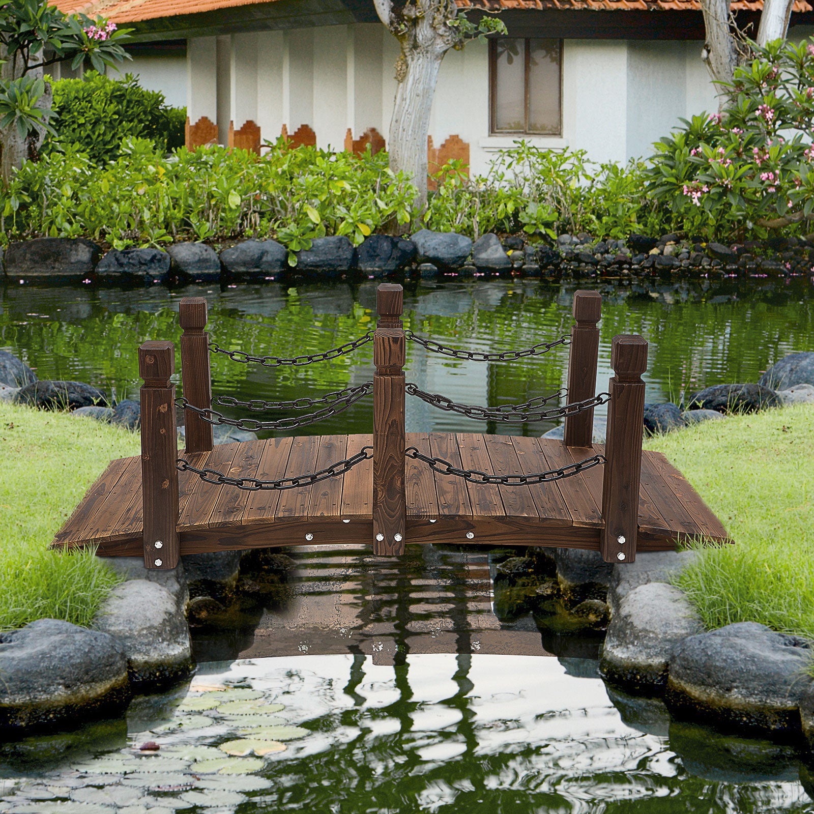 5 ft Wooden Garden Bridge Arc Footbridge with Metal Chain Railings & Solid Fir Construction, Carbonized