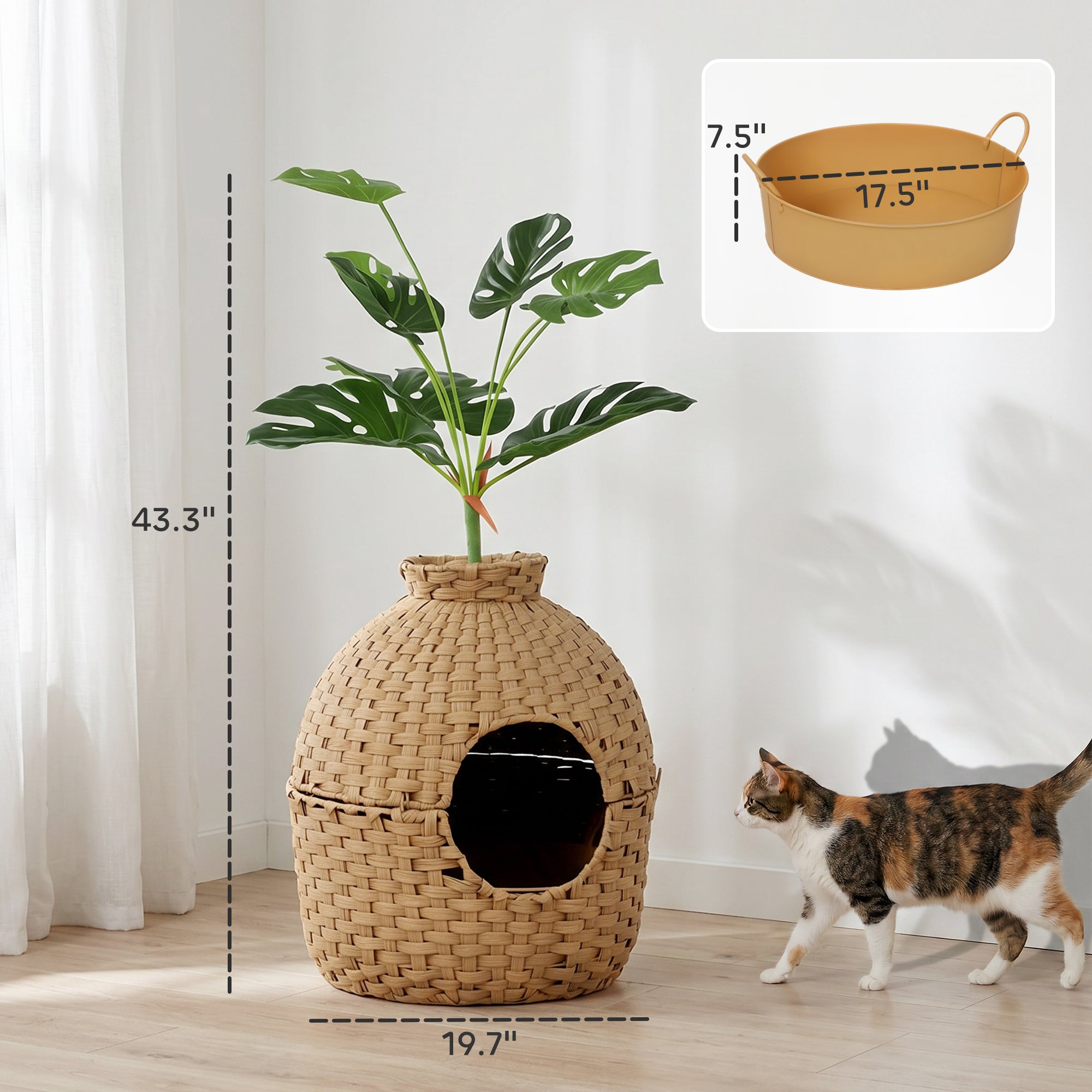 Hidden Cat Litter Box Enclosure with Faux Plant & Stainless Steel Tray for Bedroom, Living Room, Corner
