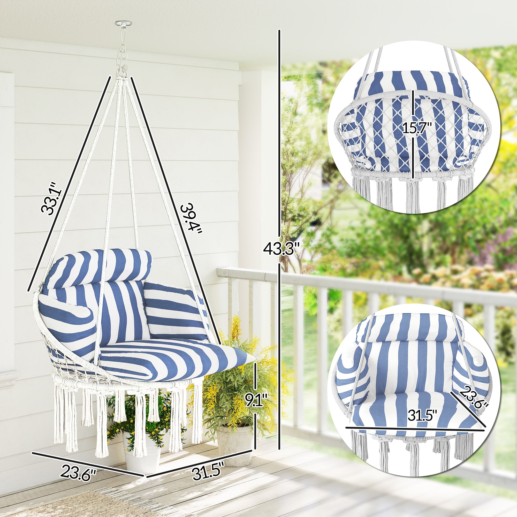 Hammock Swing Chair, Macrame Hanging Chair with Large Cushion, Chain, Steel Frame for Indoor Outdoor Use, Blue and White