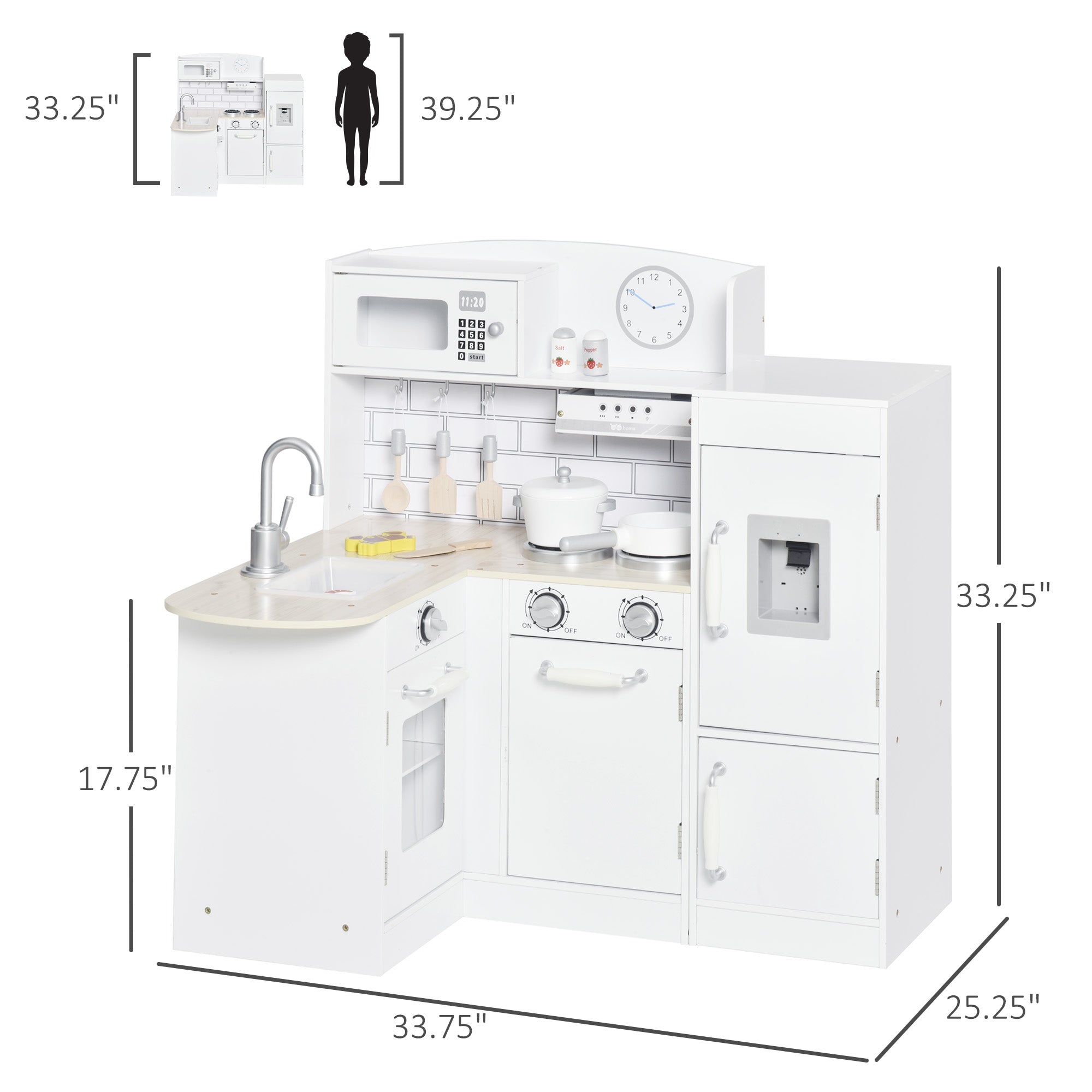 Corner Kids Kitchen Playset, Wooden Pretend Toy Kitchen Set with Drinking Fountain, Microwave, Fridge and Accessories, Pretend Play Kitchen for 3+ Years, White