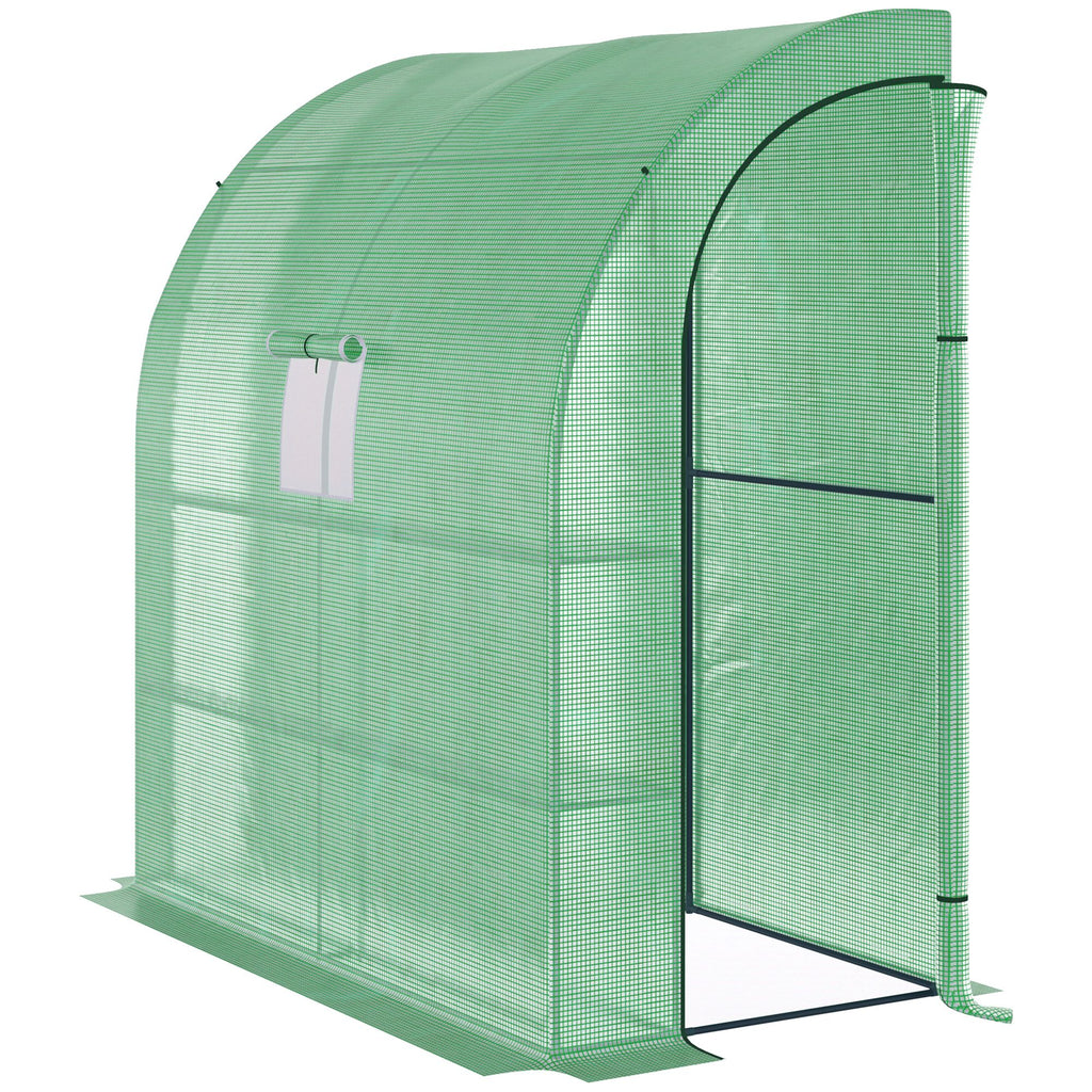 7' x 3' x 7' Lean to Greenhouse, Walk-In Green House, Plant Nursery with 2 Roll-up Doors and Windows, PE Cover and 3 Wire Shelves, Green