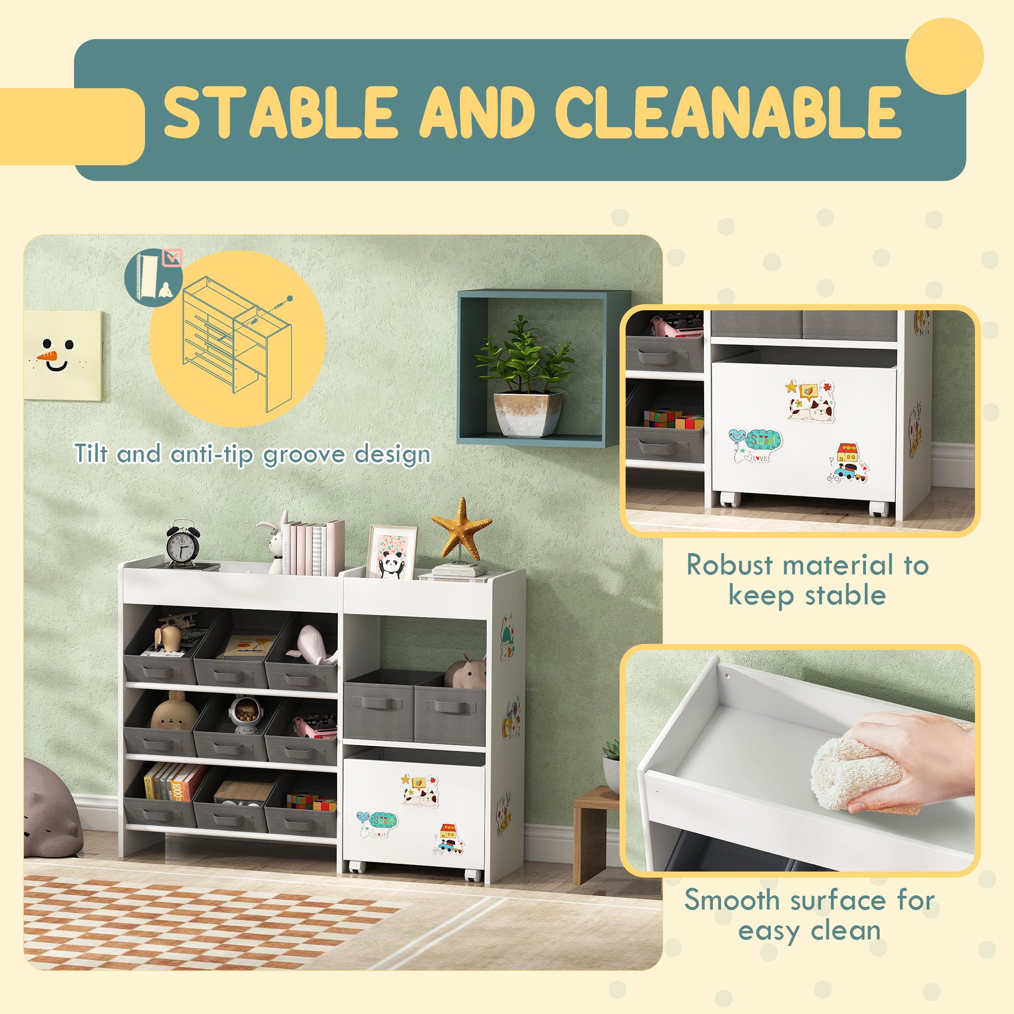 Kids Toy Storage Organizer with 11 Bins, Moveable Cabinet, Top Shelves, 3 Stickers, for Nursery, Playroom, White