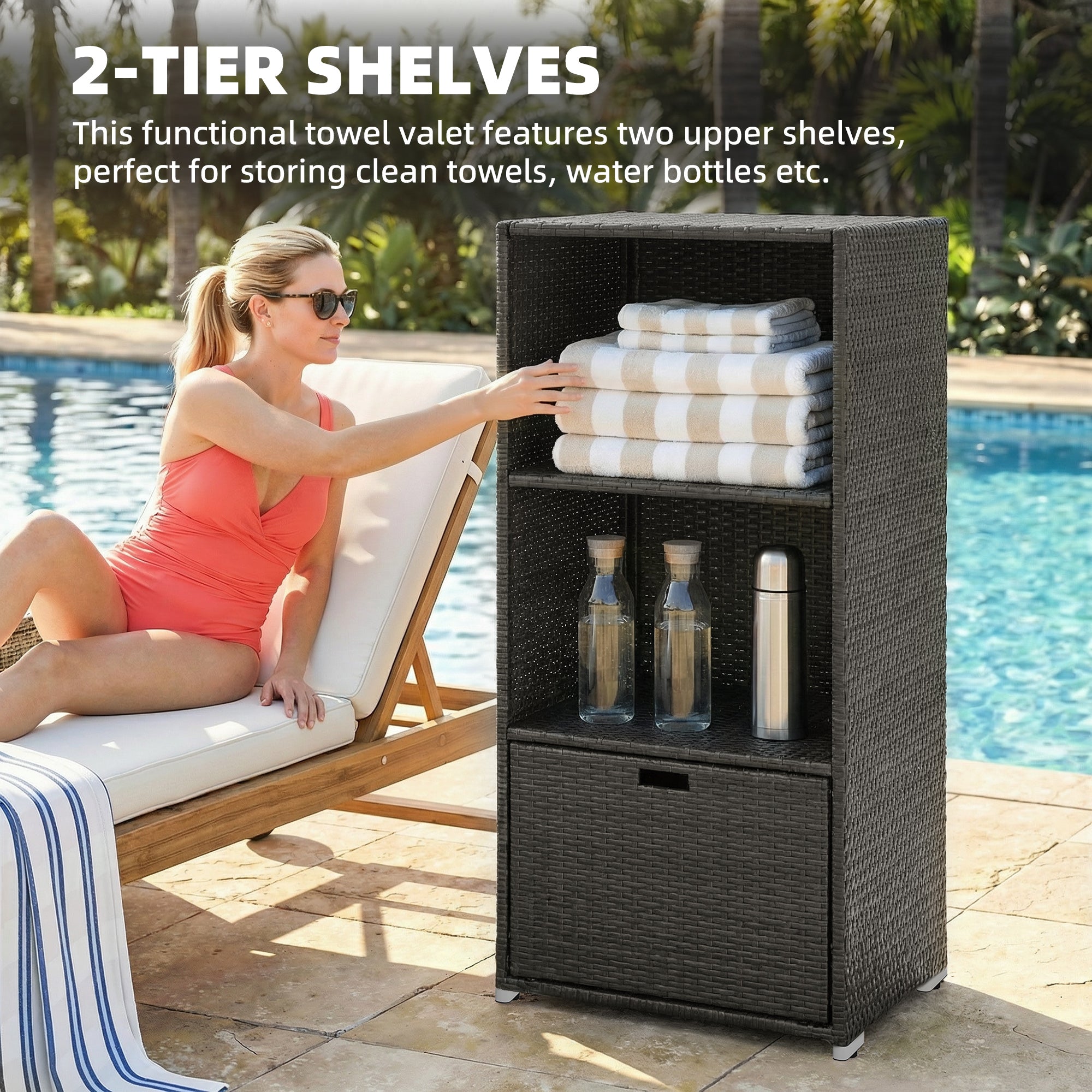 Valet Pool Towel Rack, Water-Resistant PE Plastic Rattan Wicker Storage Organizer, 2 Shelves, 1 Basket Drawer