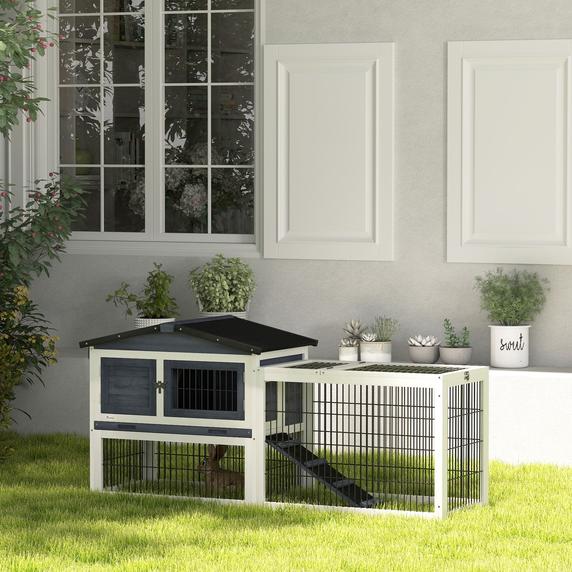 2 Level 59" Outdoor Rabbit Hutch with Openable Top, Dark Gray