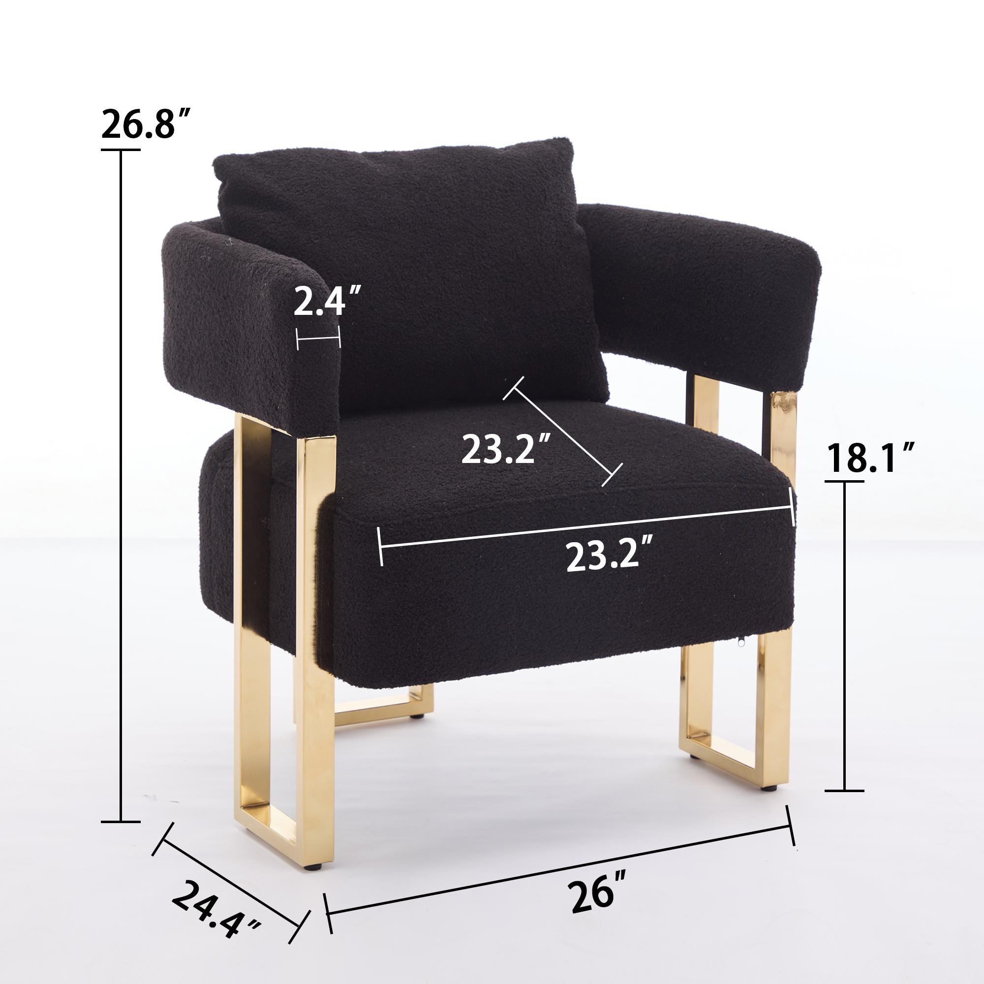 2-Set Living Room Teddy Fleece Upholstered Side Chair with Gold Metal Legs, Modern Decorative Chair, 26" L x 24.5" W x 27" H, Black+Gold
