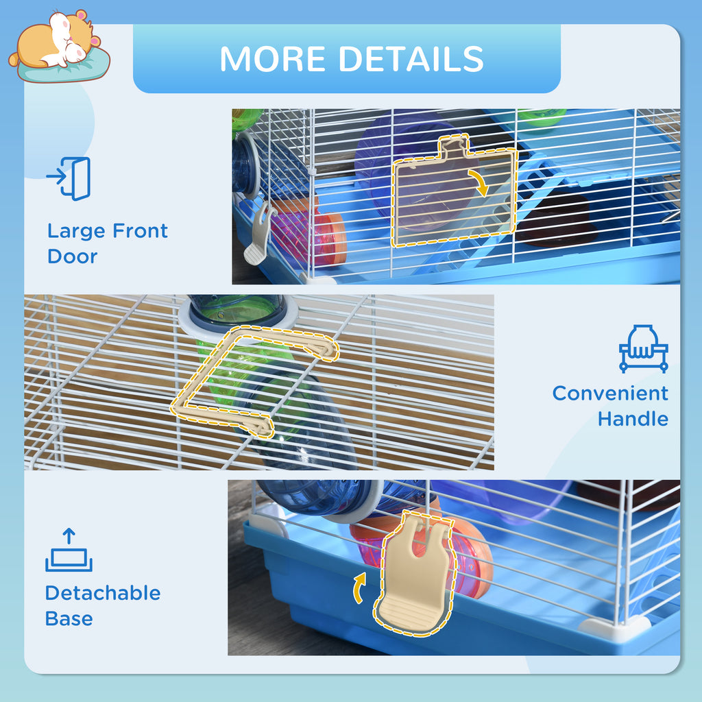 2-Level Hamster Cage Rodent Gerbil House Mouse Mice Rat Habitat Metal Wire with Exercise Wheel, Play Tubes, Water Bottle, Food Dishes, & Interior Ladder