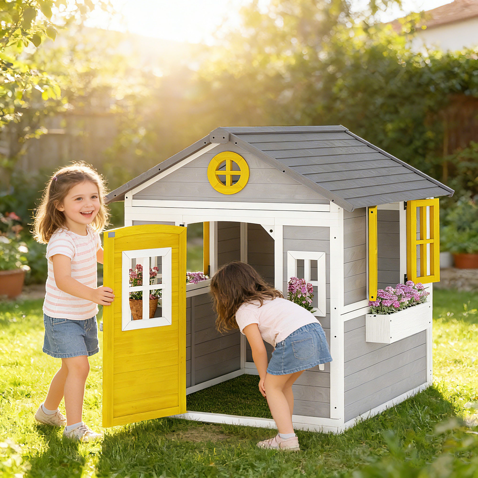 Wooden Playhouse for Kids Outdoor with Doors, Windows, Planter Pots and Boxes for Toddlers 3-8 Years, Gray