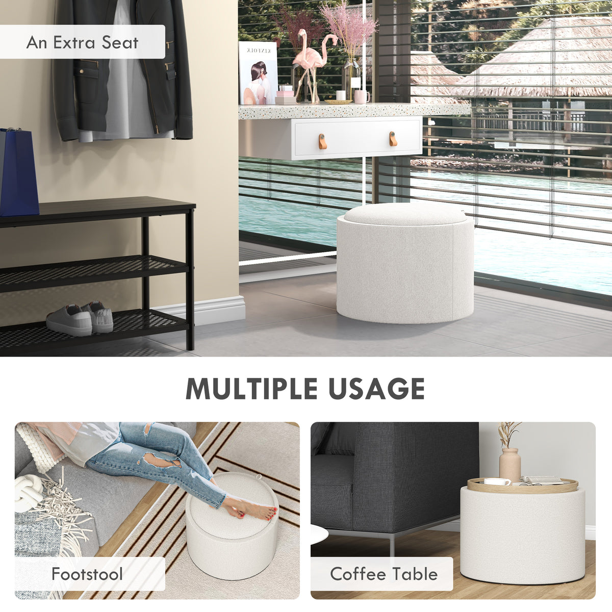 Round Storage Ottoman Coffee Table with Flip Top Tray, Linen Fabric Upholstered Footstool with Hidden Compartment