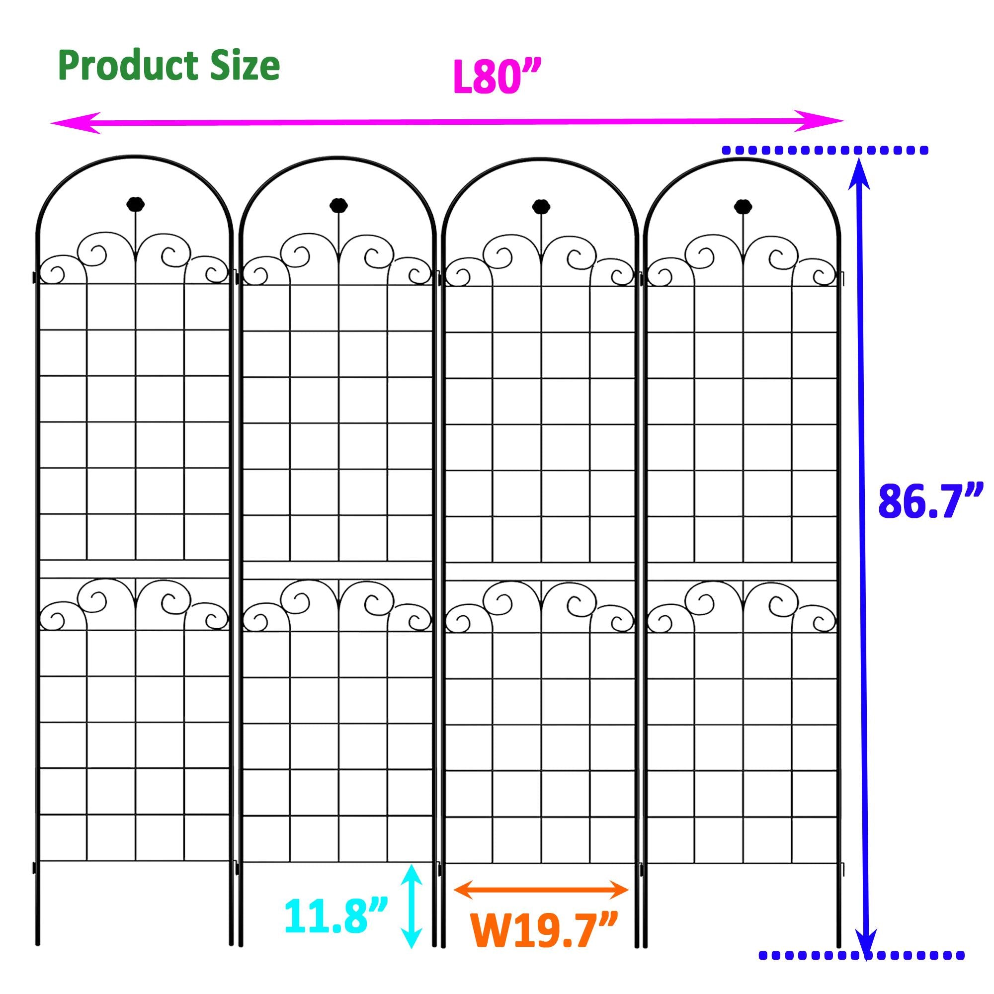 4 Pack Metal Garden Trellis for Climbing Plants with Galvanized Tubes, Easy Assembled Rustproof Plant Support, 80" L x 87" H, Black