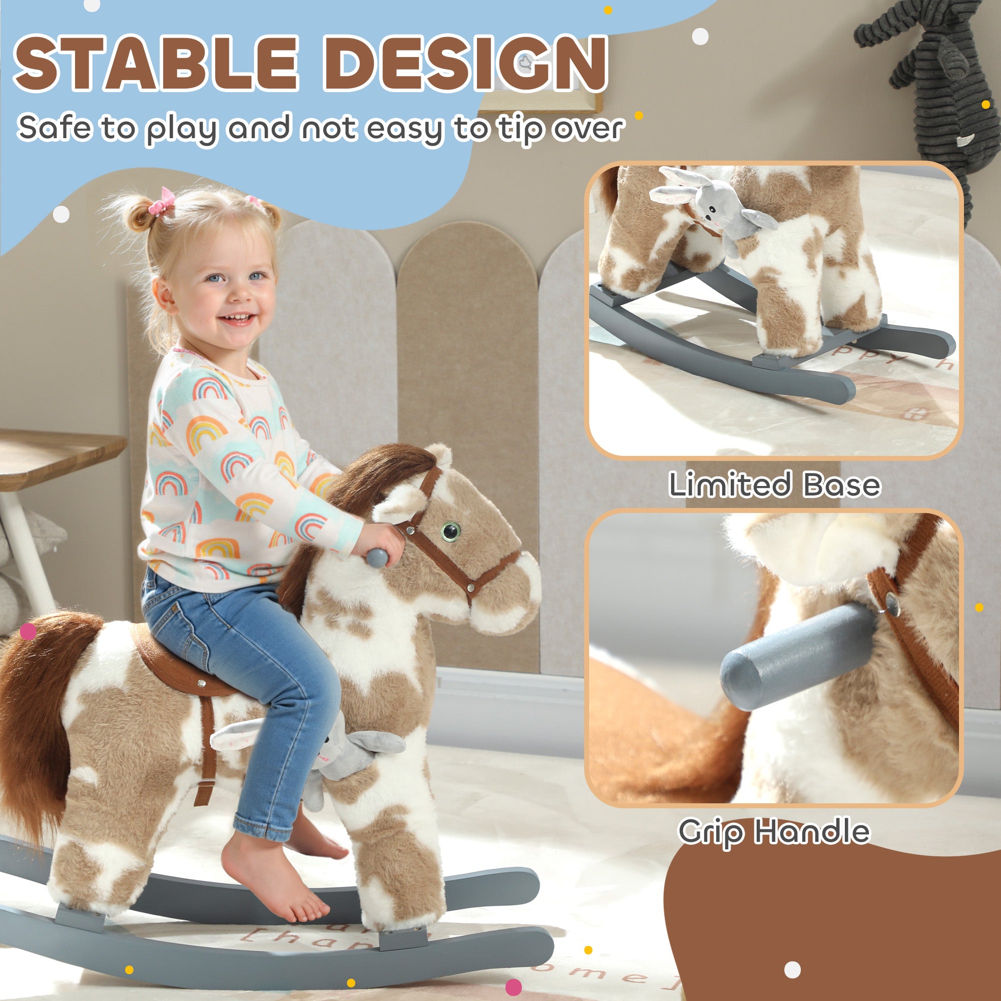 Rocking Horse, Kids Plush Horse Rocker with Rabbit Toy and Realistic Neigh for Toddlers 2–5 Years Old, Brown