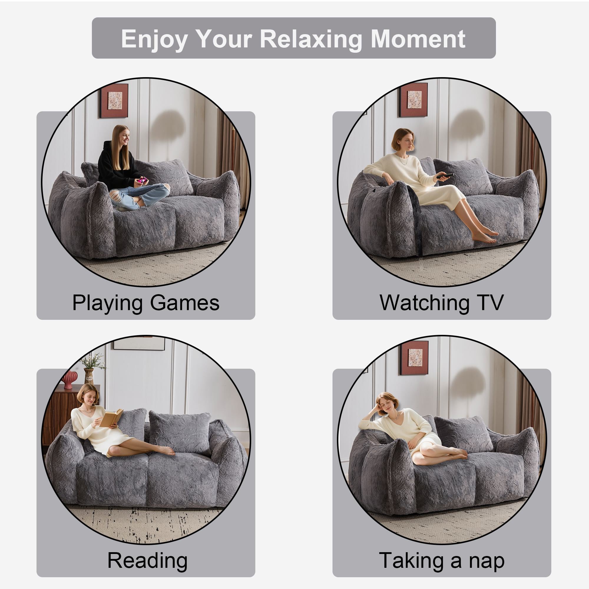 Bean Bag Sofa with High-Density Foam and Faux Fur Fabric, Compressed Sofa Oversized Fluffy Loveseat for Adults, 75" L x 42.5" W x 28.5" H, Grey