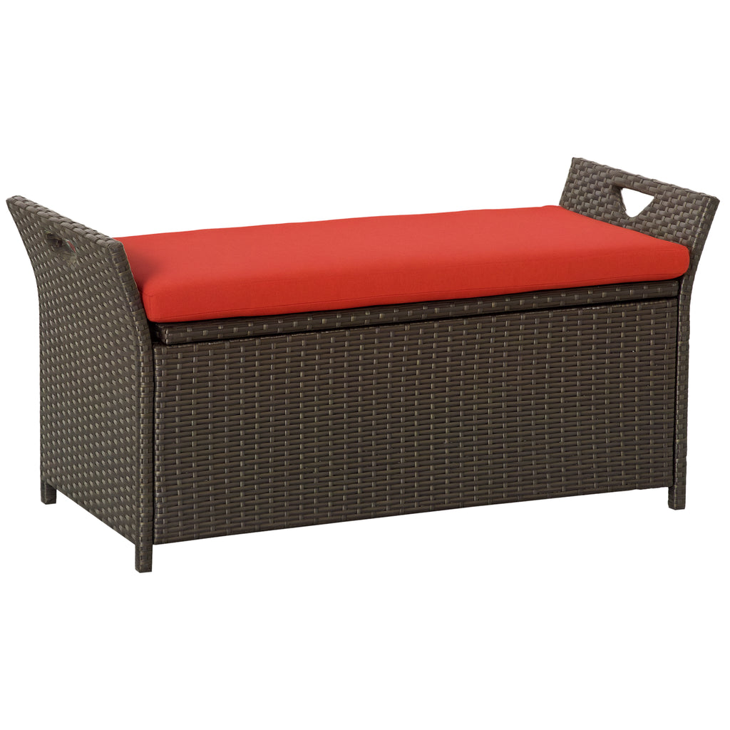 29 Gallon Patio Wicker Storage Bench, Outdoor PE Rattan Furniture, 2-In-1 Large Capacity Rectangle Garden Storage Box with Handles and Cushion, Red