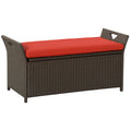 29 Gallon Patio Wicker Storage Bench, Outdoor PE Rattan Furniture, 2-In-1 Large Capacity Rectangle Garden Storage Box with Handles and Cushion, Red