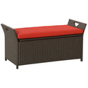 29 Gallon Patio Wicker Storage Bench, Outdoor PE Rattan Furniture, 2-In-1 Large Capacity Rectangle Garden Storage Box with Handles and Cushion, Red