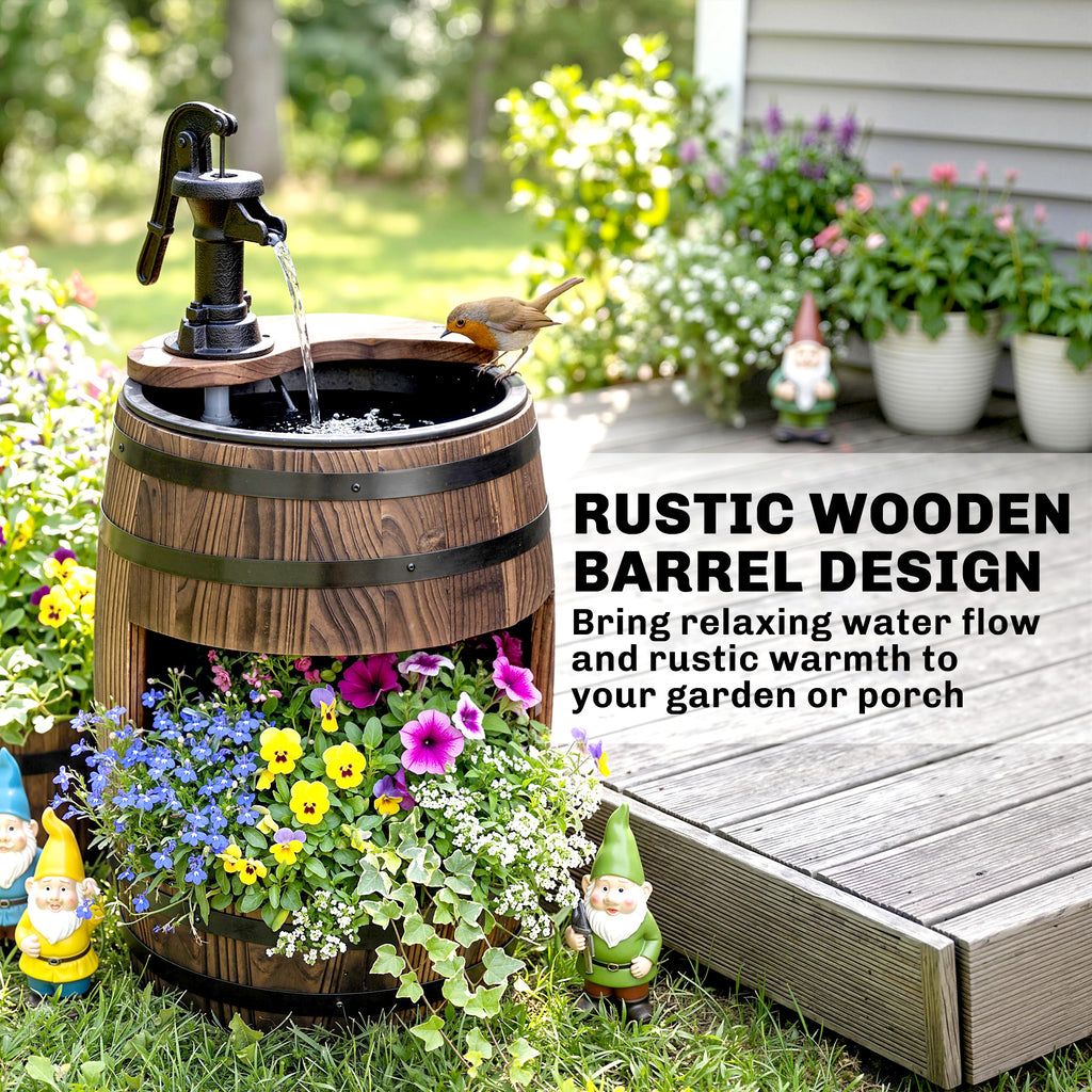 23" H Outdoor Water Fountain Wood and Plastic Rustic Apple Barrel Pump Garden Decor for Outside Backyard