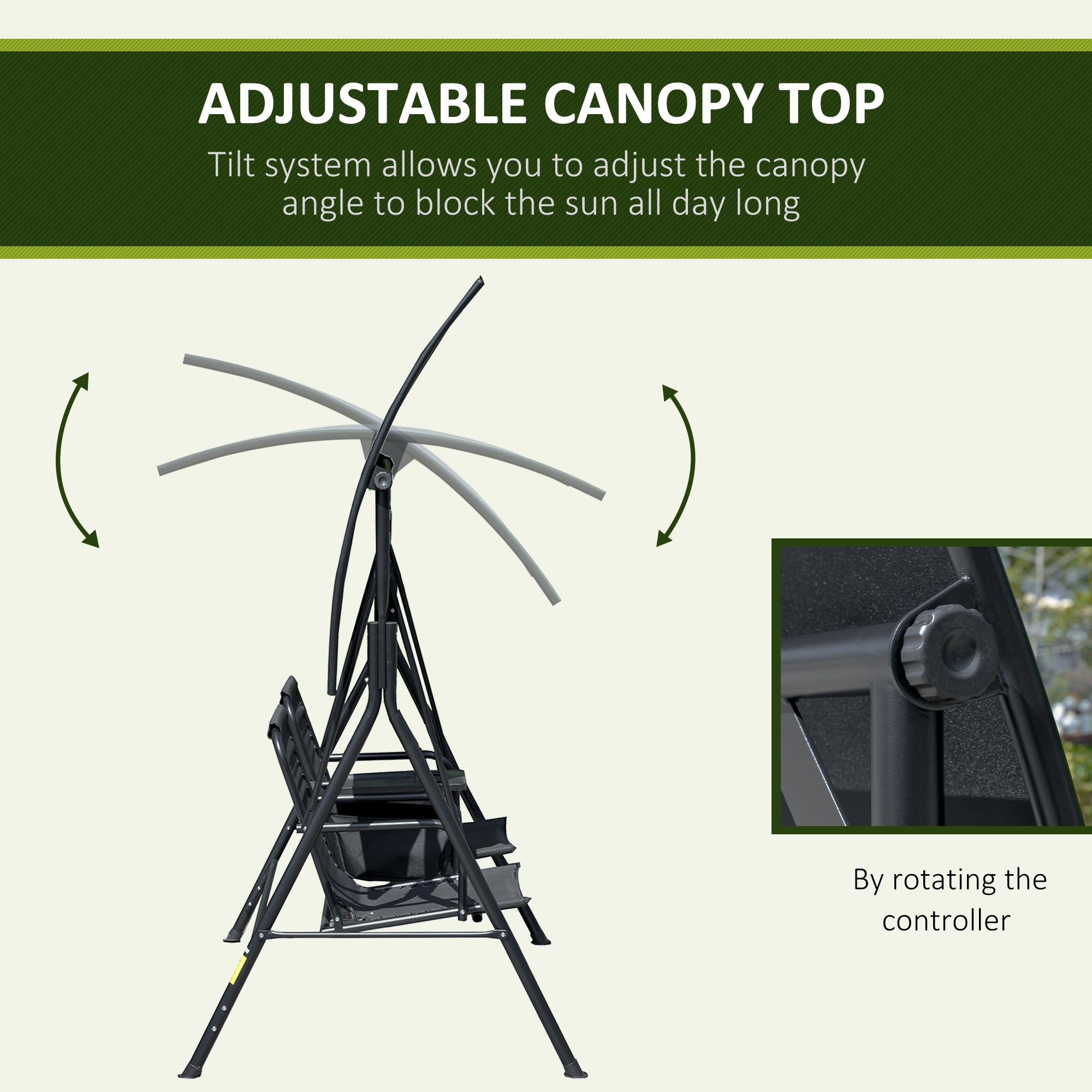 2-Seat Outdoor Porch Swing, with Pivot Storage Table, Cup Holder, & Adjustable Overhead Canopy, Stand's Skid-Resistant Feet Pad, Breathable Mesh Seat, Steel Frame, for Patio, Black