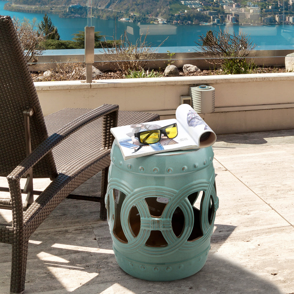14" x 17" Ceramic Garden Stool with Double-Coin Knotted Ring Design & Strong Glazed Material, Decorative End Table, Home Collection, Antique Blue