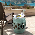 14" x 17" Ceramic Garden Stool with Double-Coin Knotted Ring Design & Strong Glazed Material, Decorative End Table, Home Collection, Antique Blue
