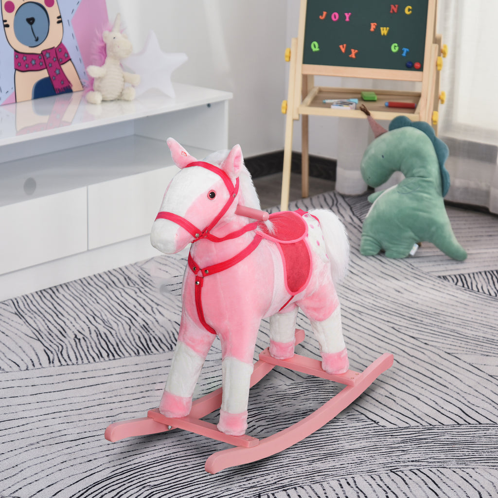 Kids Plush Toy Rocking Horse Pony Toddler Ride on Animal Rocker with Realistic Sounds, Birthday Gifts for Girls, Pink